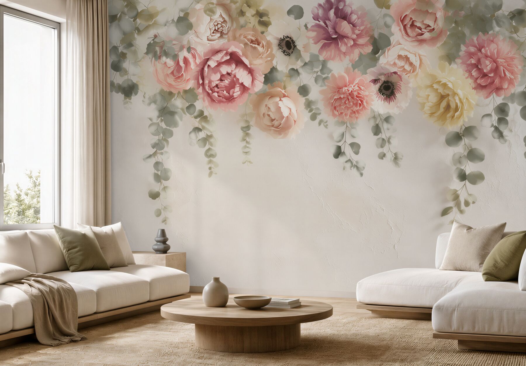 Fototapeta pastelowe kwiaty z eukaliptusem na kremowym tle elegancka?v23
