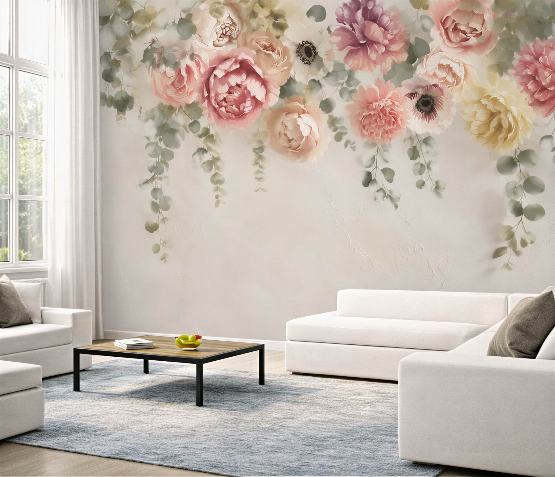 Fototapeta pastelowe kwiaty z eukaliptusem na kremowym tle elegancka?v23