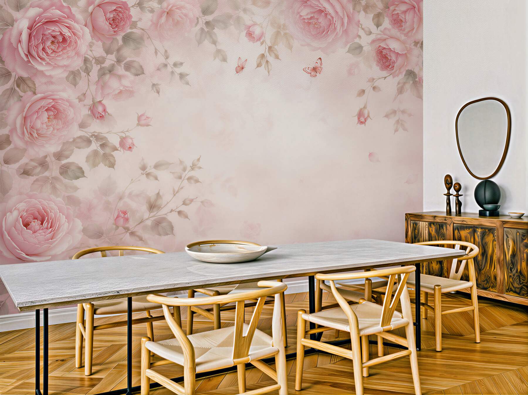 Fototapeta różowe róże z motylami na pastelowym tle romantyczna?v23