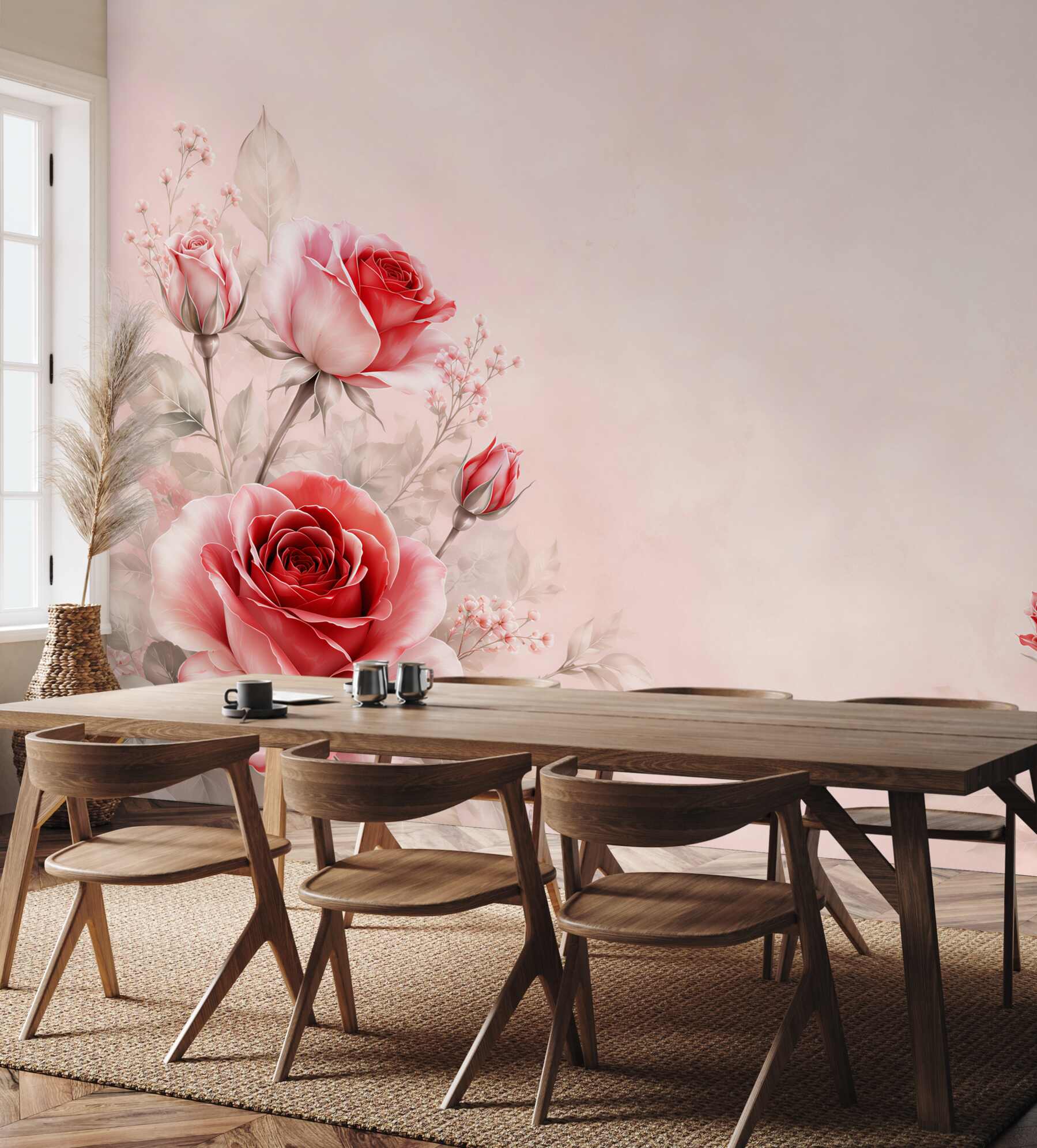 Fototapeta czerwone róże na pudrowym tle elegancka romantyczna?v23