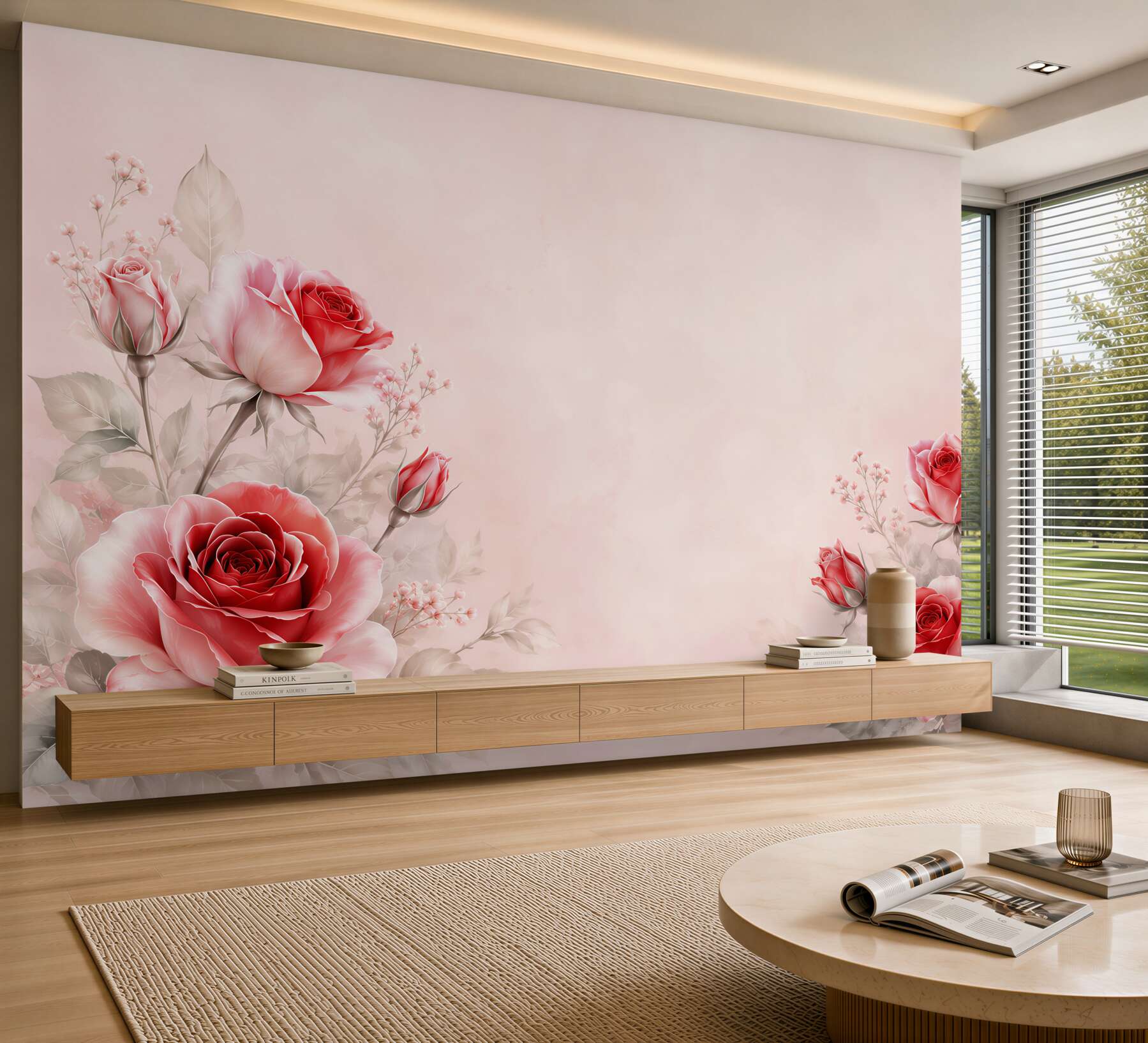 Fototapeta czerwone róże na pudrowym tle elegancka romantyczna?v23