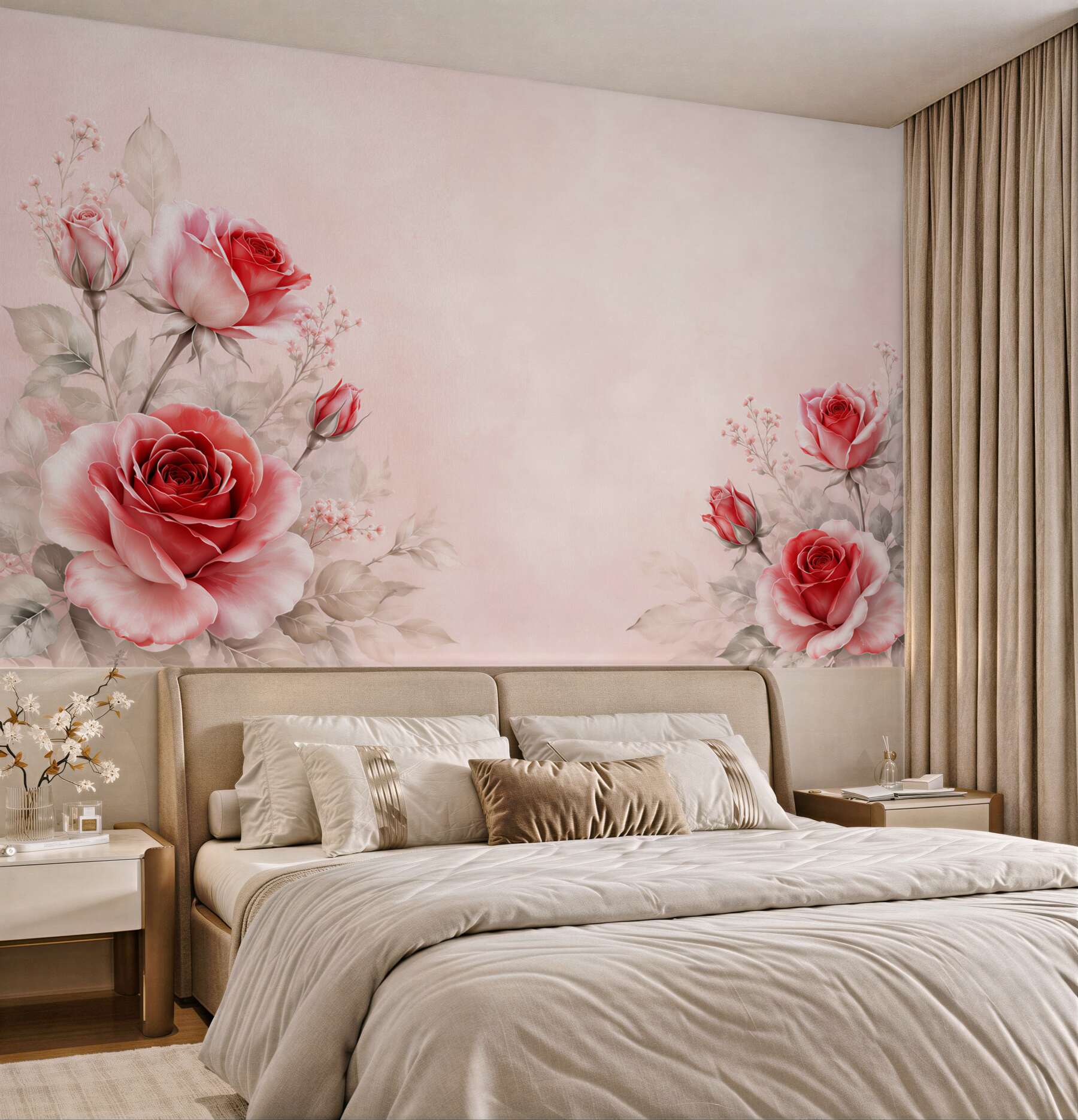Fototapeta czerwone róże na pudrowym tle elegancka romantyczna?v23