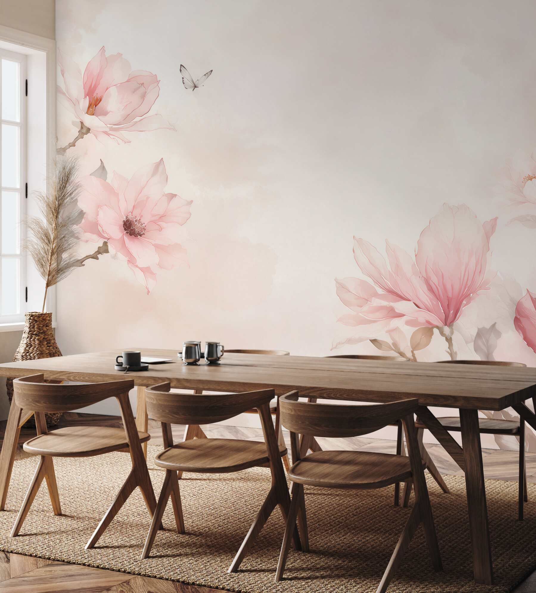 Fototapeta magnolie różowe akwarelowe delikatne z motylem do sypialni?v23