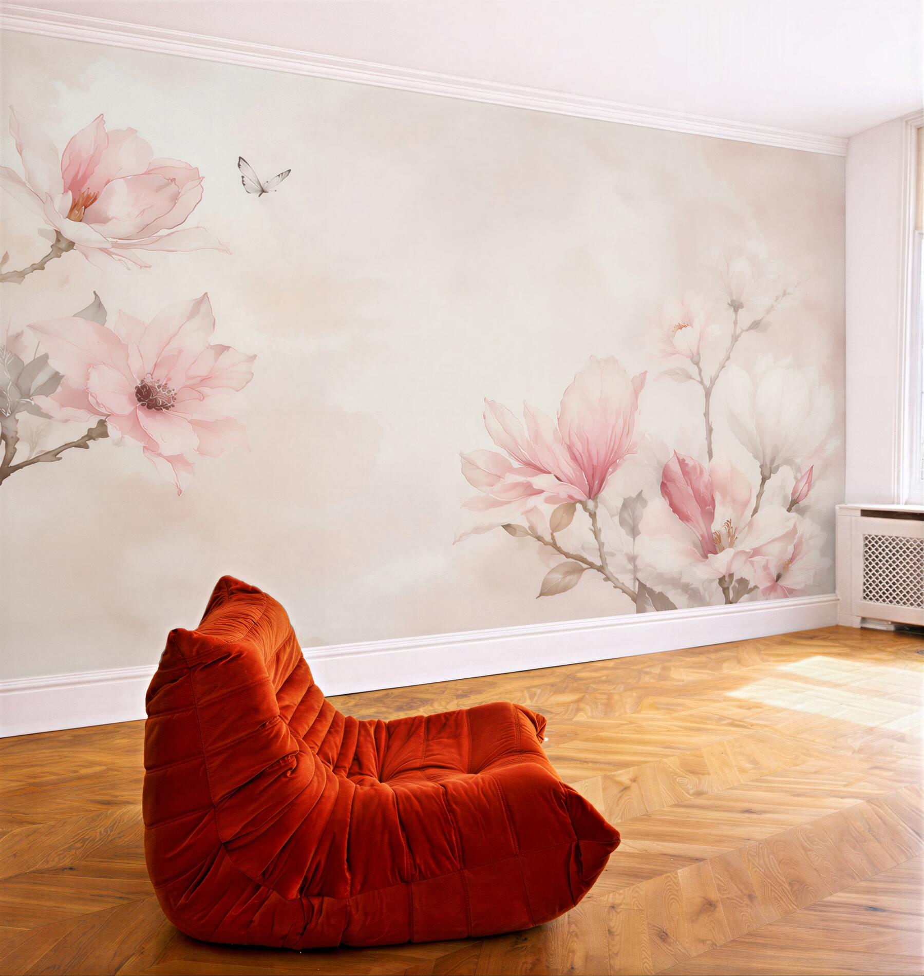 Fototapeta magnolie różowe akwarelowe delikatne z motylem do sypialni?v23