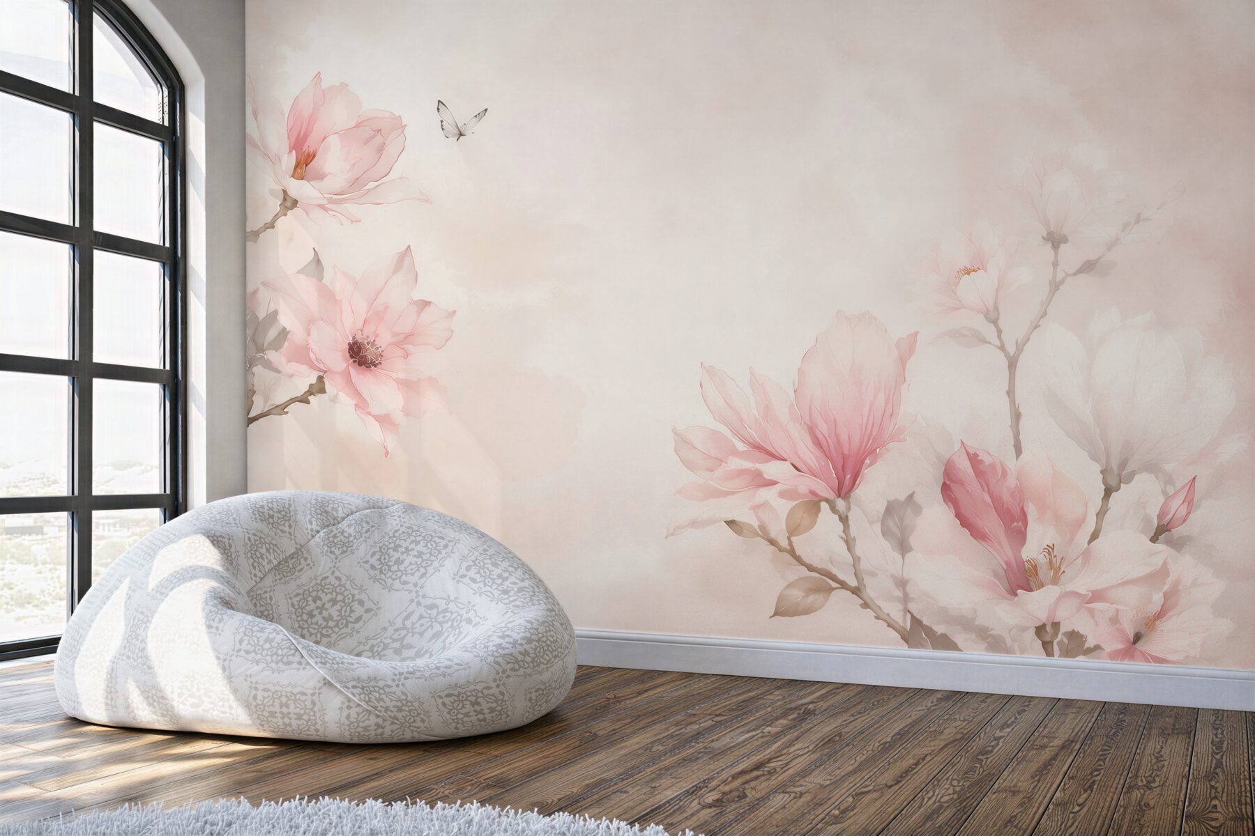 Fototapeta magnolie różowe akwarelowe delikatne z motylem do sypialni?v23