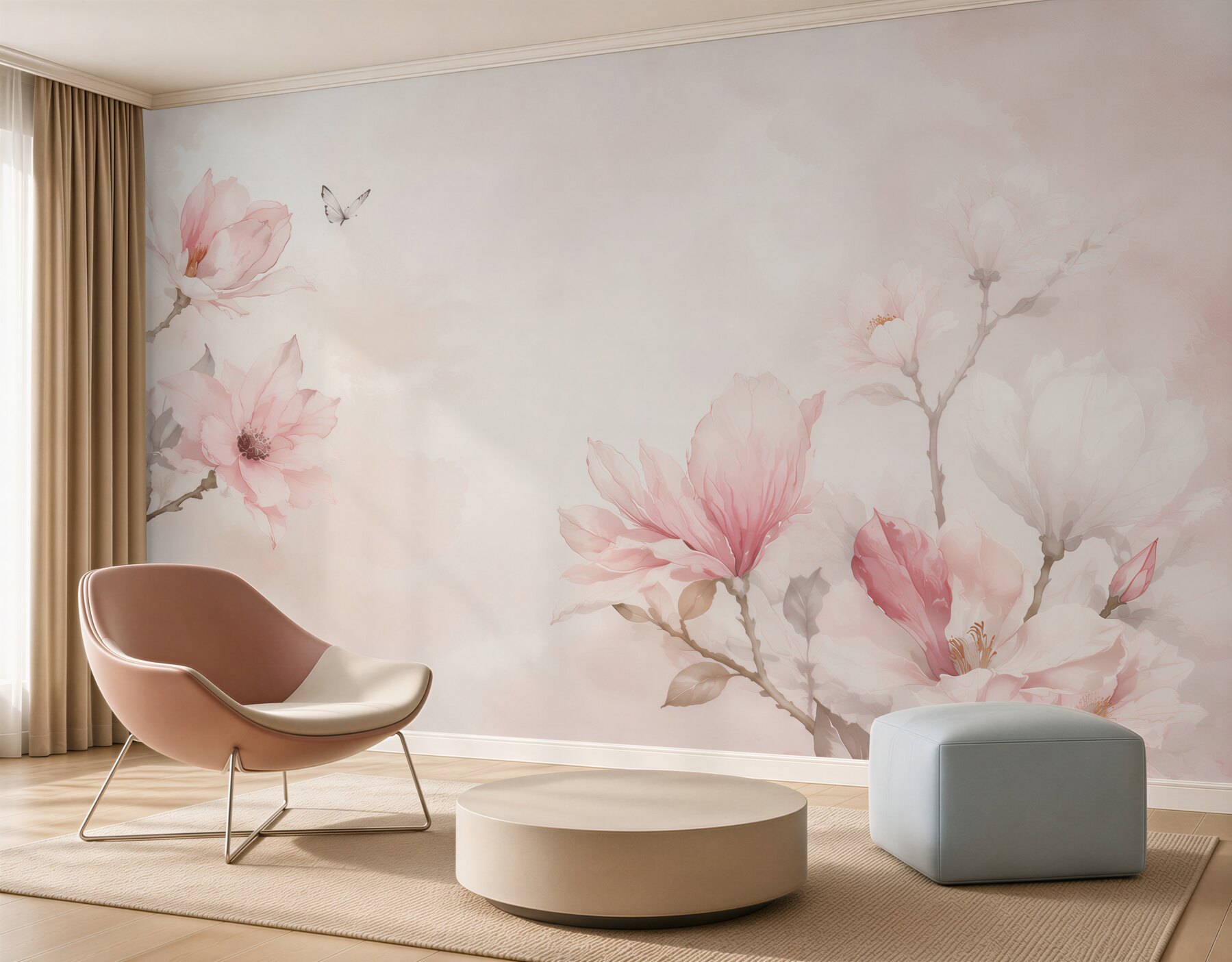 Fototapeta magnolie różowe akwarelowe delikatne z motylem do sypialni?v23