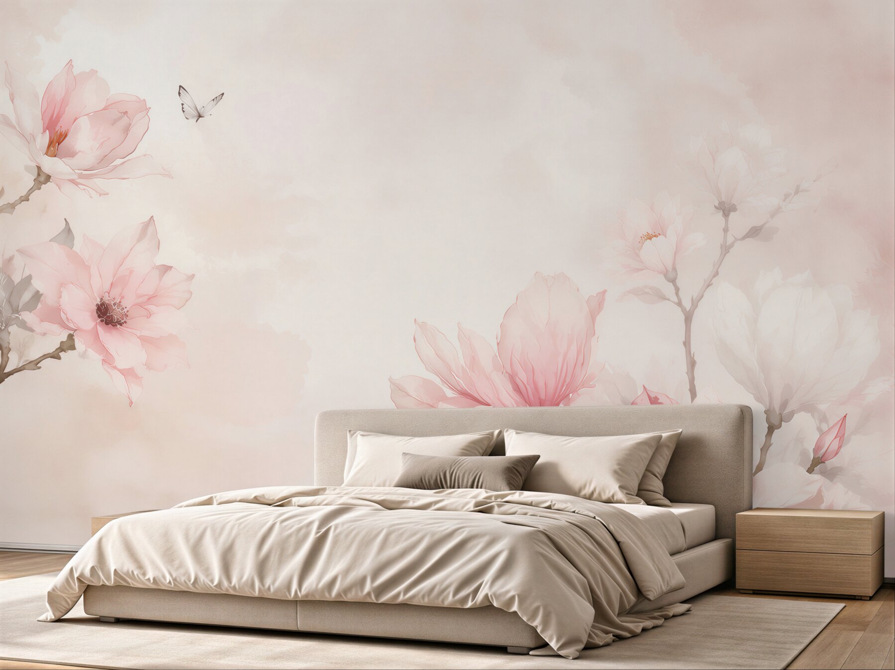 Fototapeta magnolie różowe akwarelowe delikatne z motylem do sypialni?v23
