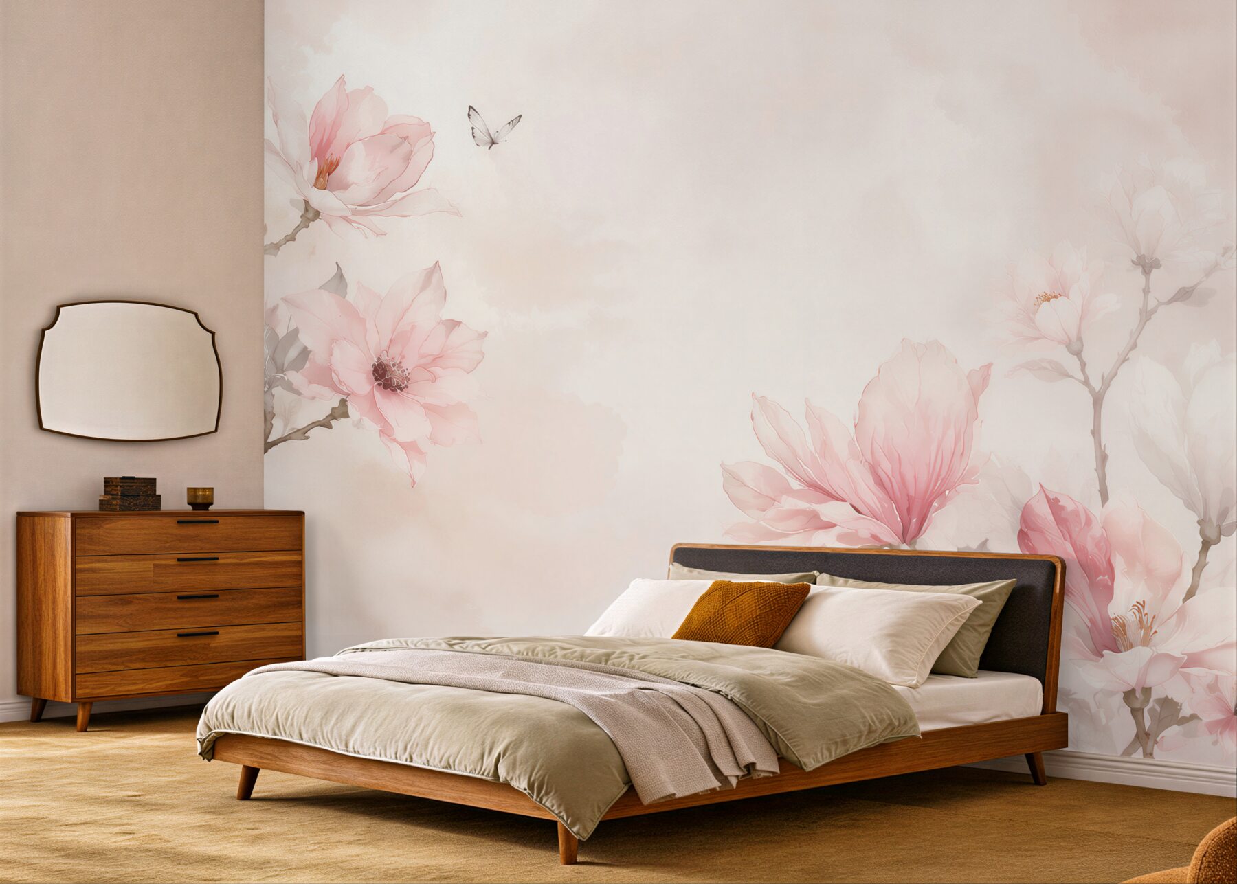 Fototapeta magnolie różowe akwarelowe delikatne z motylem do sypialni?v23