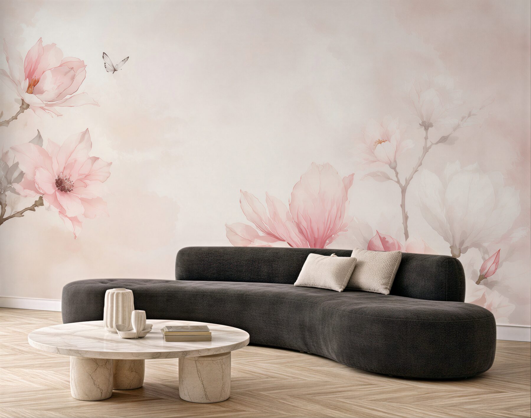 Fototapeta magnolie różowe akwarelowe delikatne z motylem do sypialni?v23