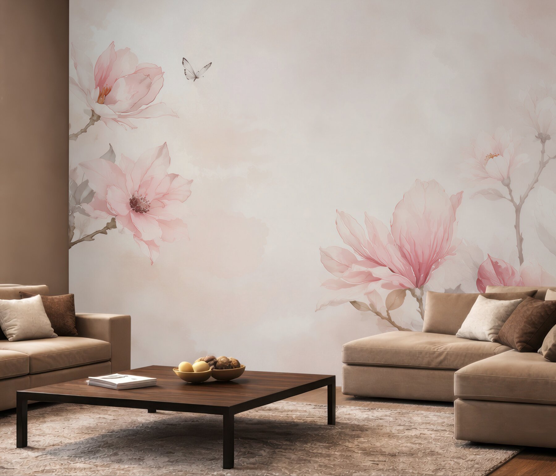Fototapeta magnolie różowe akwarelowe delikatne z motylem do sypialni?v23