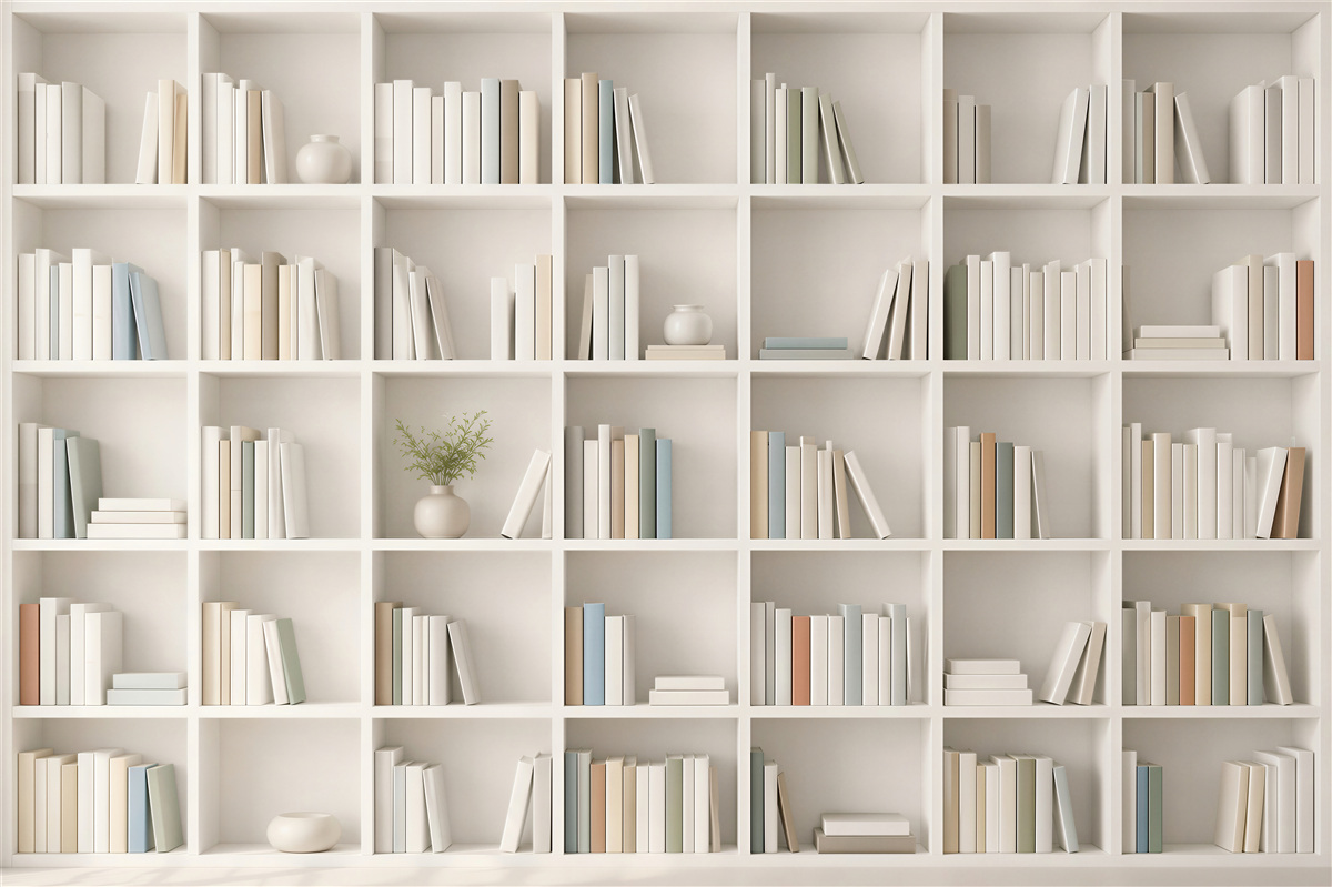 Fototapeta biała biblioteczka z książkami minimalistyczna do gabinetu i salonu