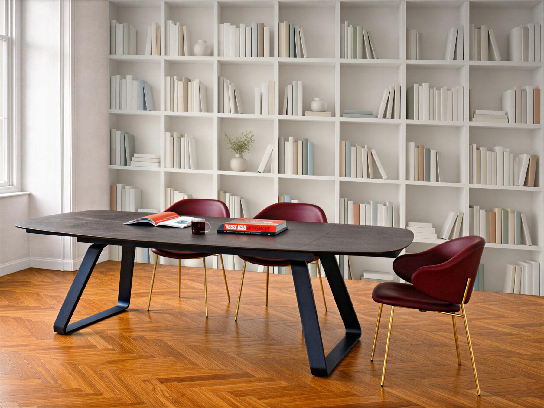 Fototapeta biała biblioteczka z książkami minimalistyczna do gabinetu i salonu?v23