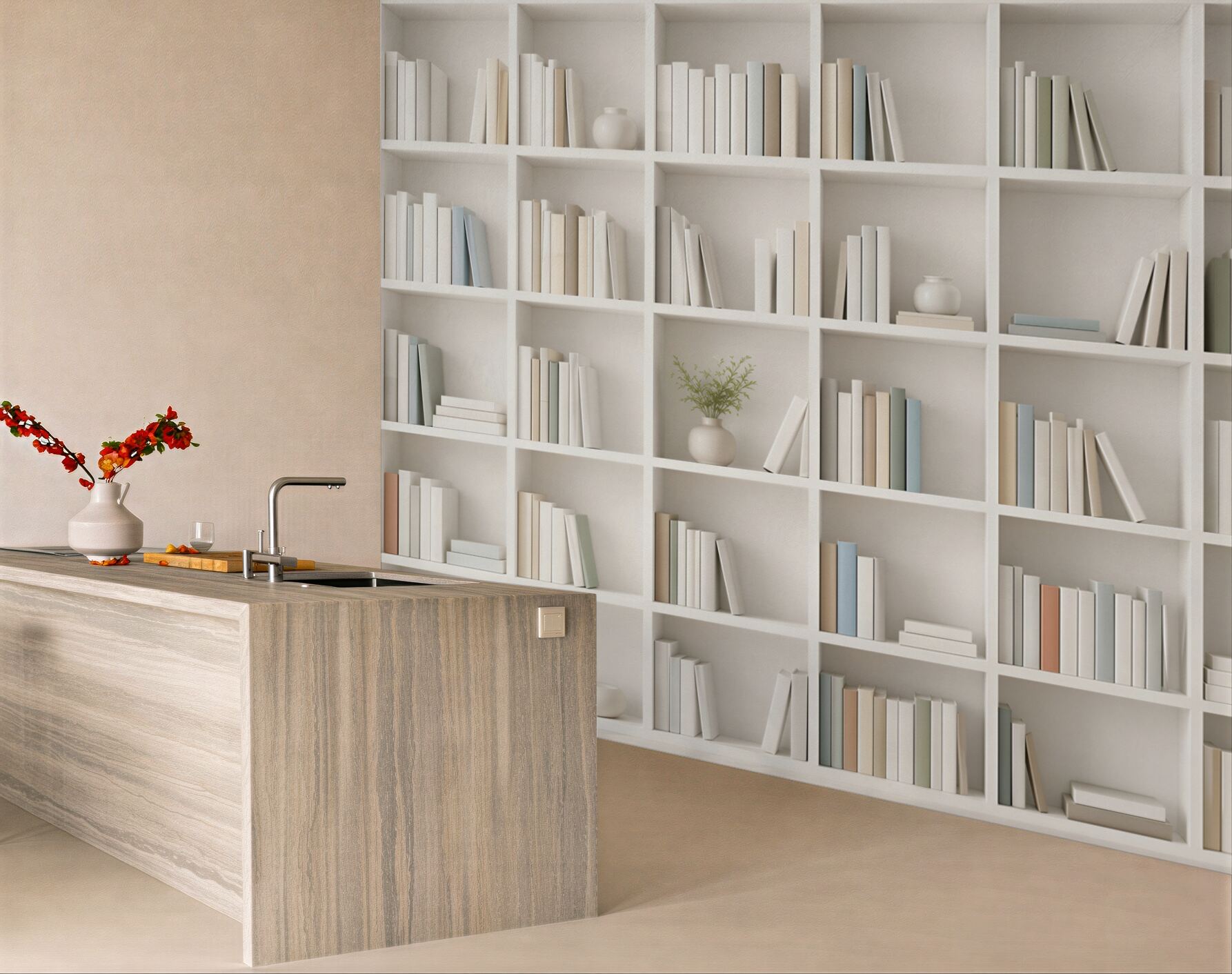 Fototapeta biała biblioteczka z książkami minimalistyczna do gabinetu i salonu?v23