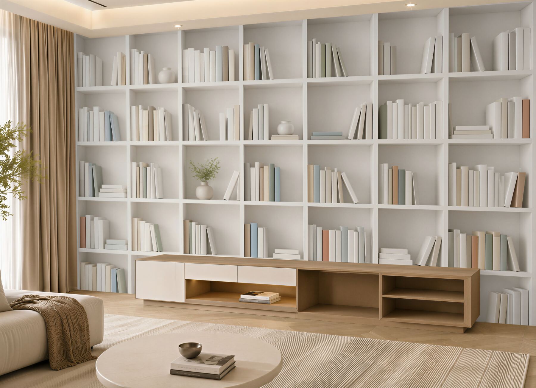 Fototapeta biała biblioteczka z książkami minimalistyczna do gabinetu i salonu?v23