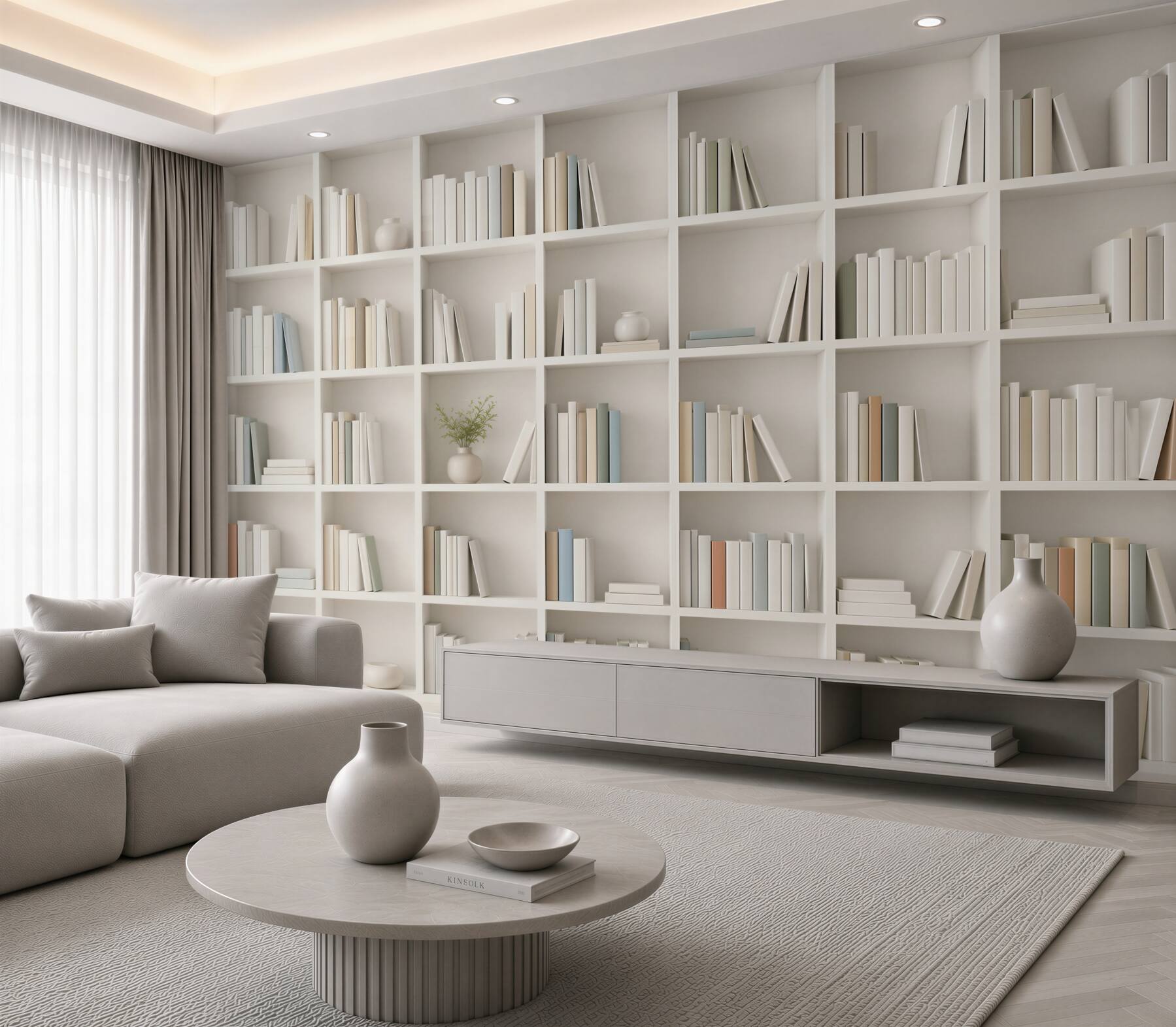 Fototapeta biała biblioteczka z książkami minimalistyczna do gabinetu i salonu?v23