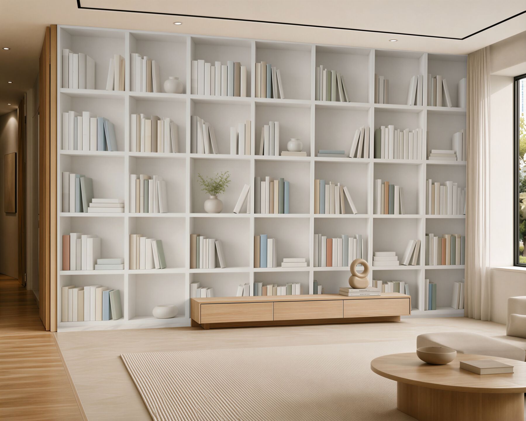 Fototapeta biała biblioteczka z książkami minimalistyczna do gabinetu i salonu?v23