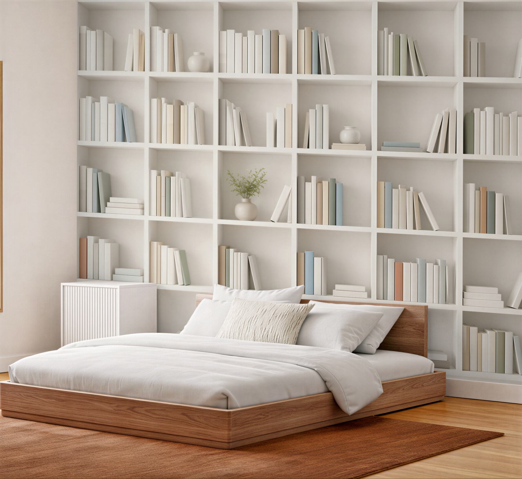 Fototapeta biała biblioteczka z książkami minimalistyczna do gabinetu i salonu?v23