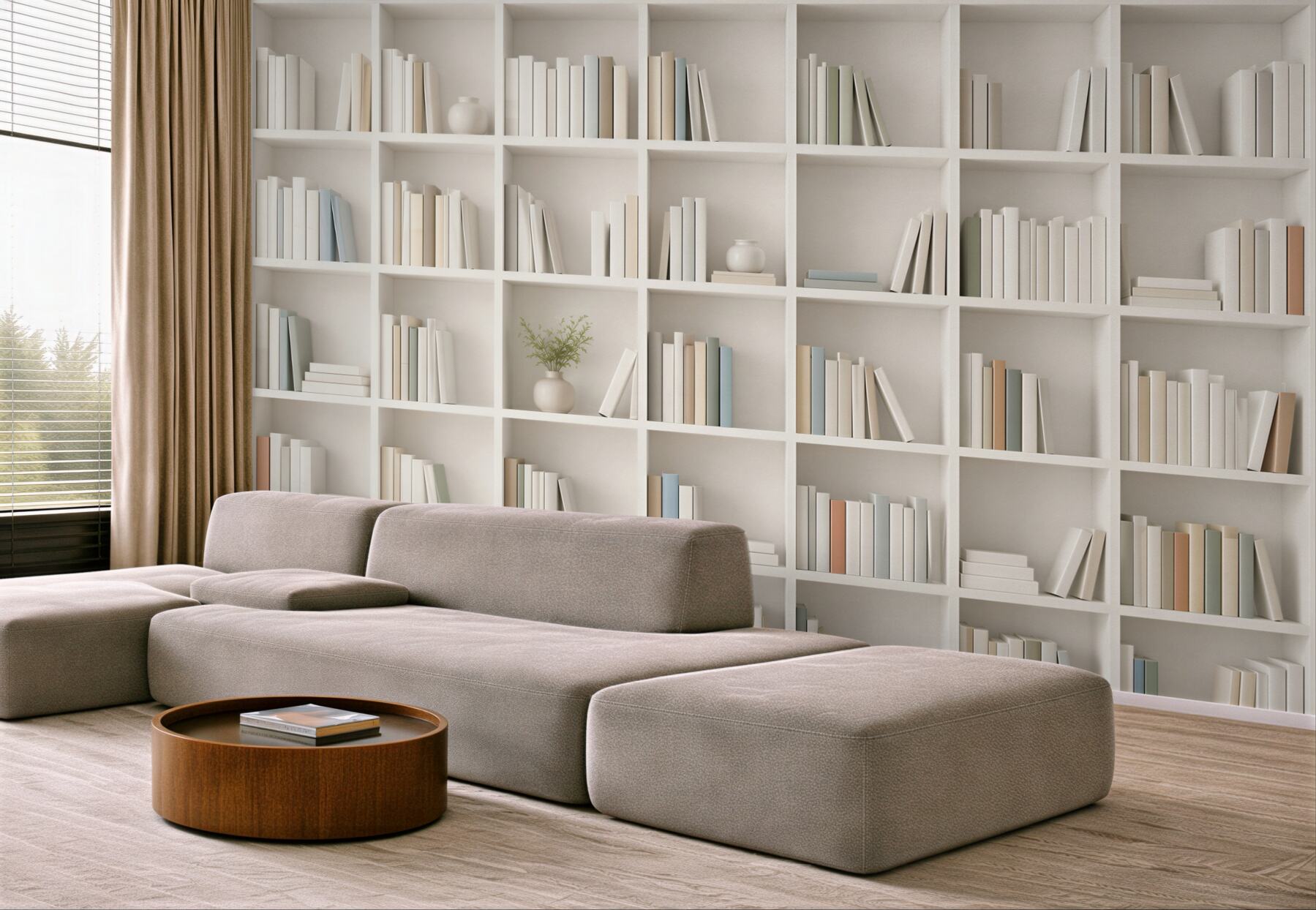 Fototapeta biała biblioteczka z książkami minimalistyczna do gabinetu i salonu?v23