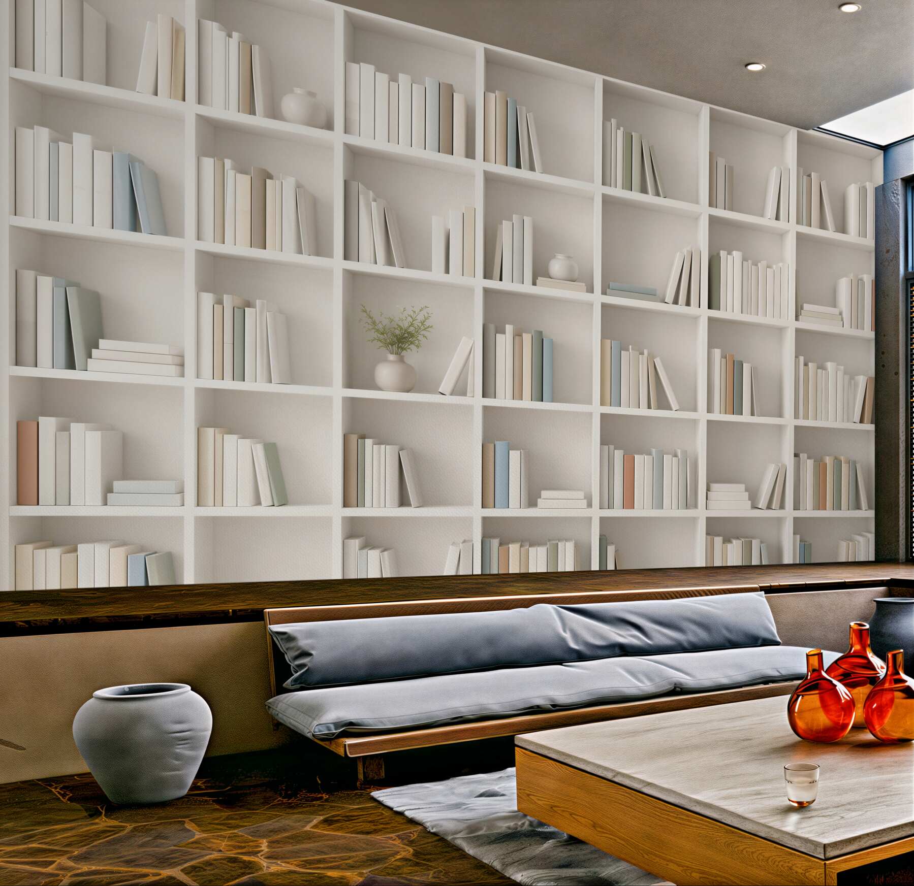 Fototapeta biała biblioteczka z książkami minimalistyczna do gabinetu i salonu?v23