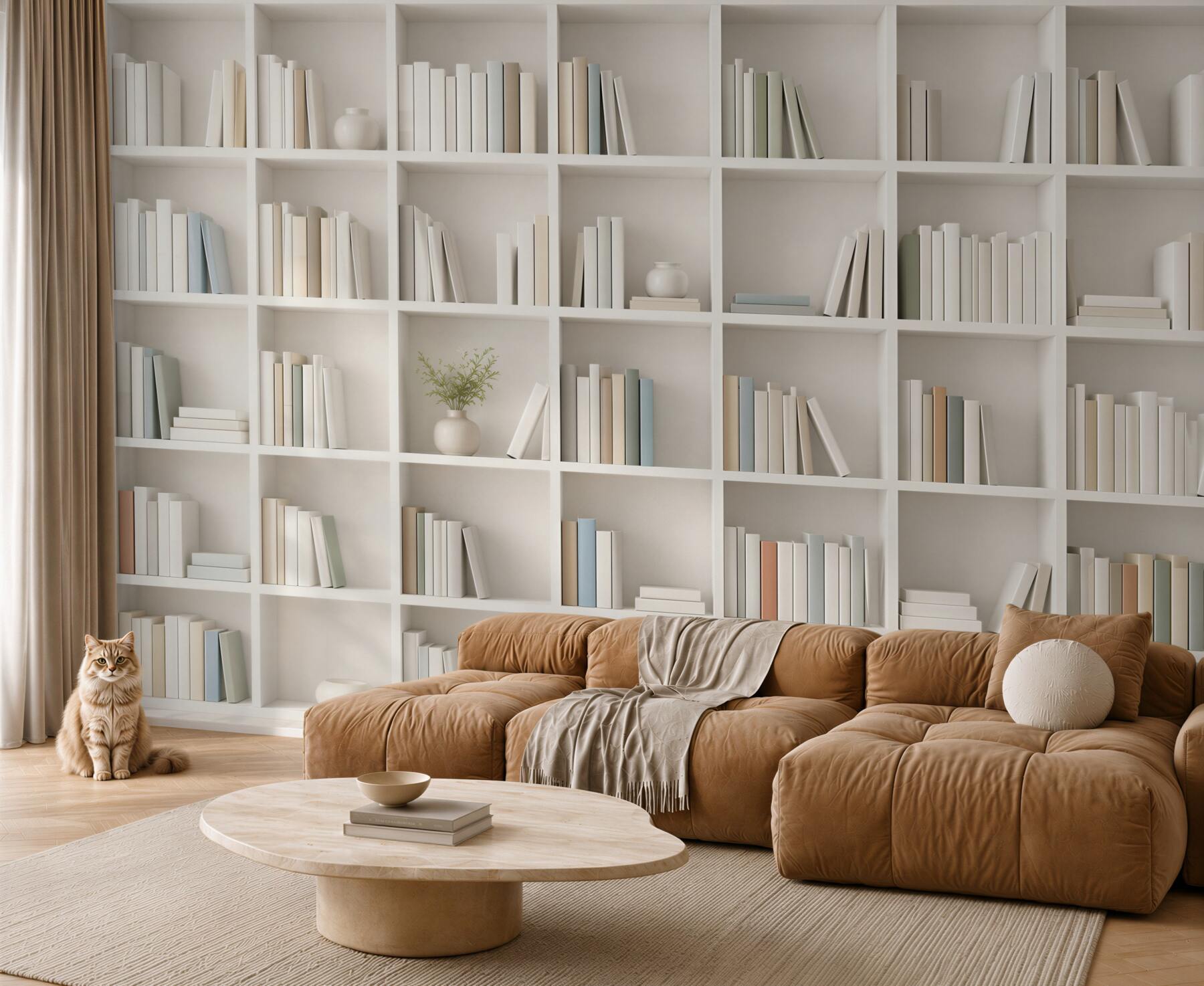 Fototapeta biała biblioteczka z książkami minimalistyczna do gabinetu i salonu?v23
