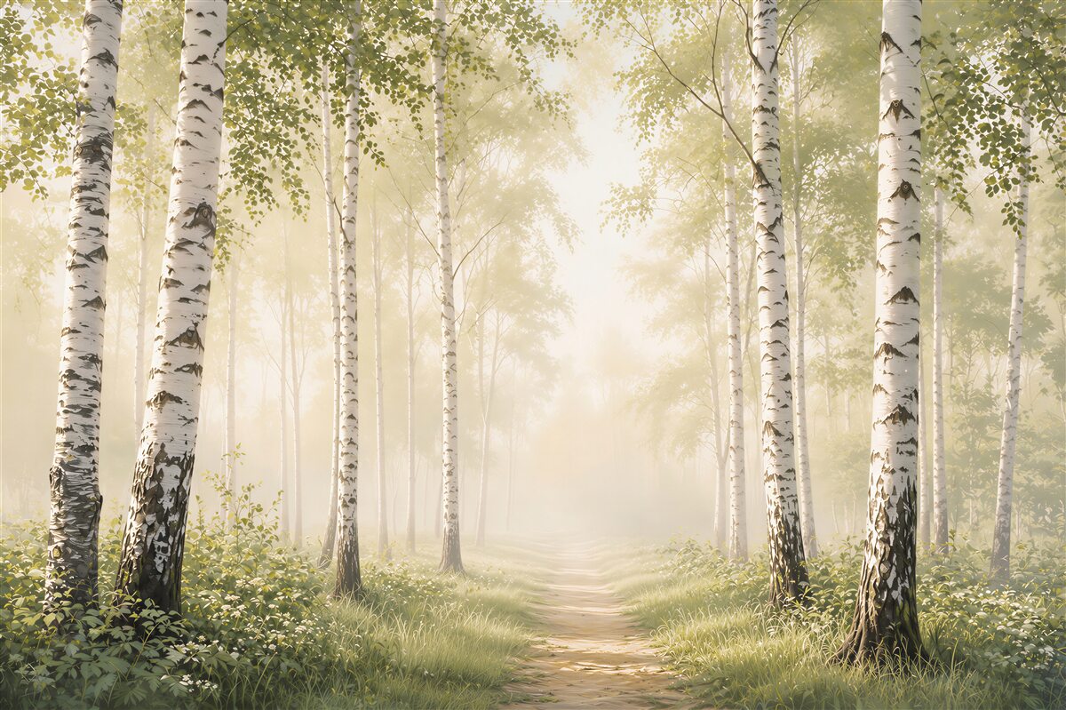 Fototapeta brzozowy las we mgle ze ścieżką spokojny naturalny krajobraz