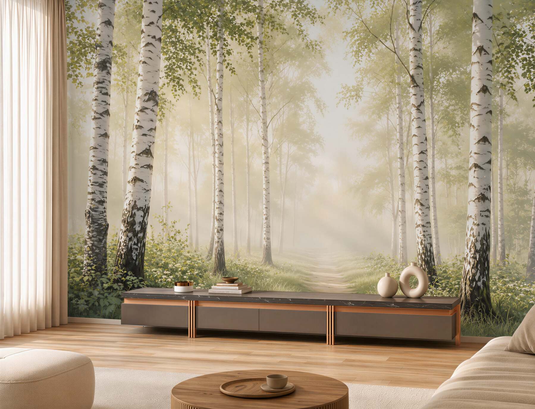 Fototapeta brzozowy las we mgle ze ścieżką spokojny naturalny krajobraz?v23