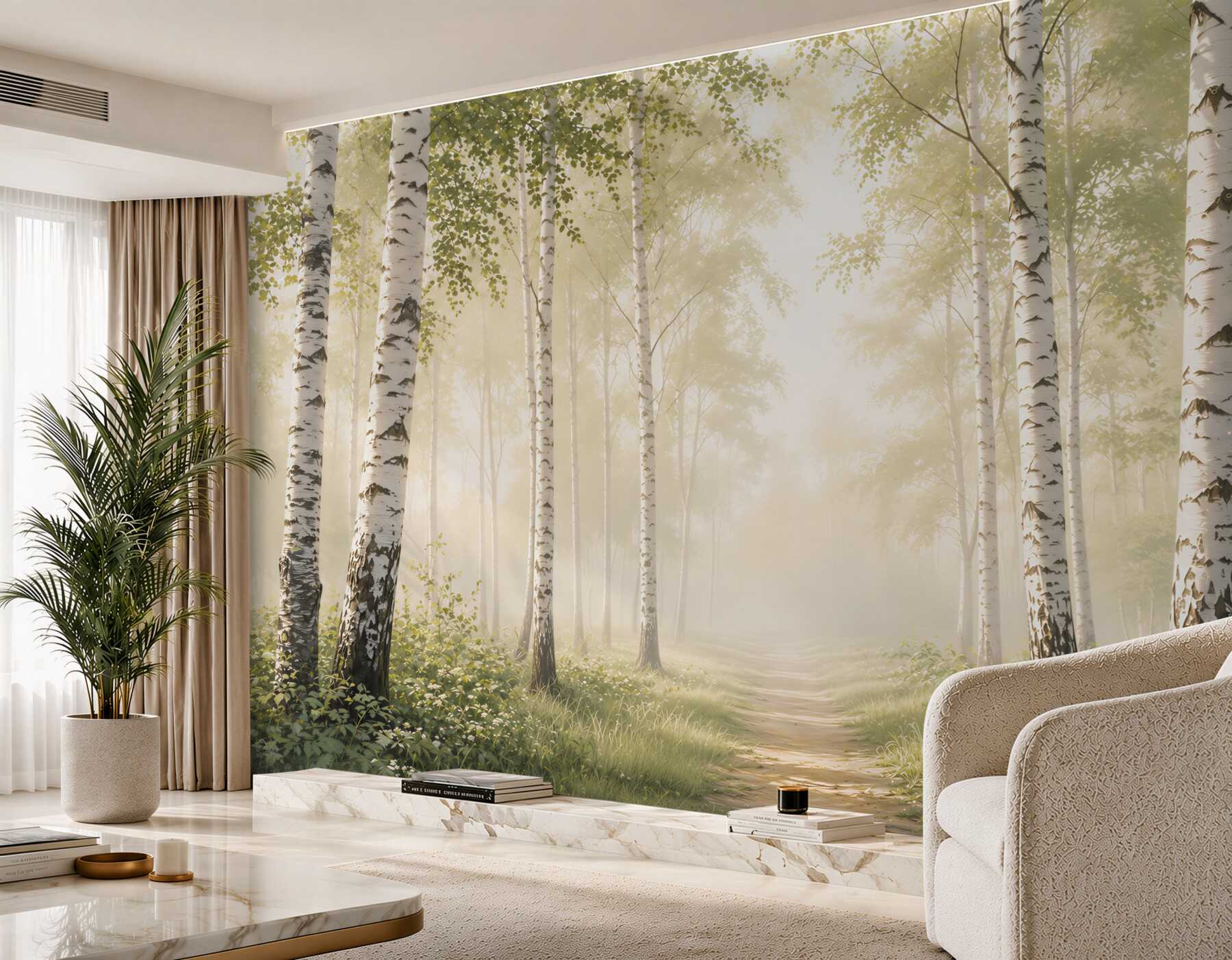 Fototapeta brzozowy las we mgle ze ścieżką spokojny naturalny krajobraz?v23