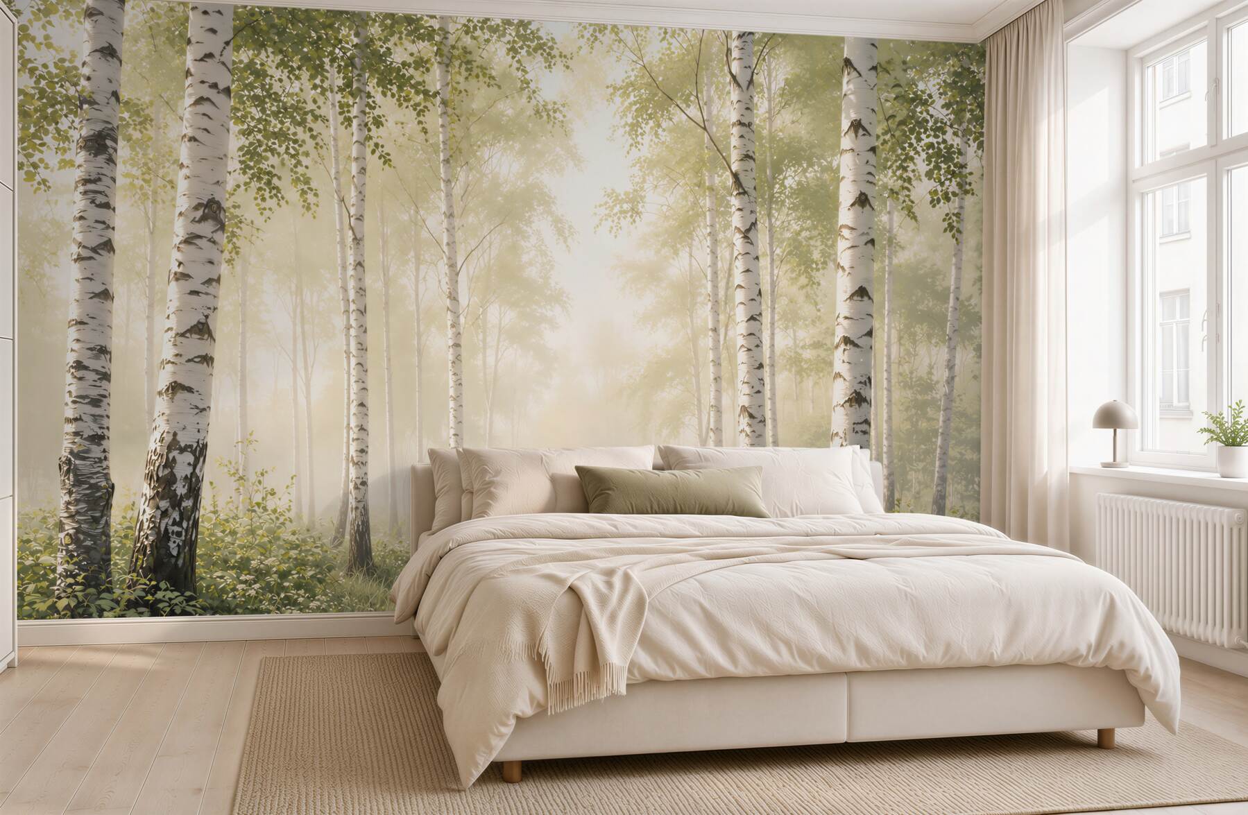 Fototapeta brzozowy las we mgle ze ścieżką spokojny naturalny krajobraz?v23