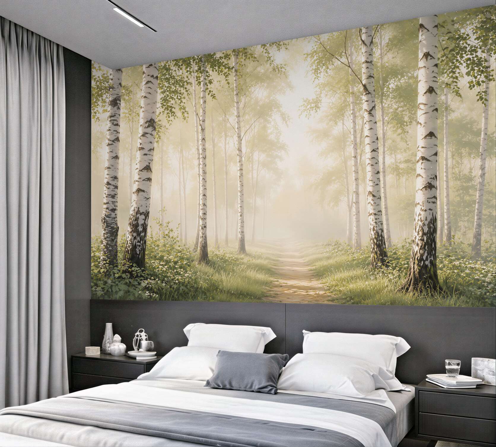 Fototapeta brzozowy las we mgle ze ścieżką spokojny naturalny krajobraz?v23