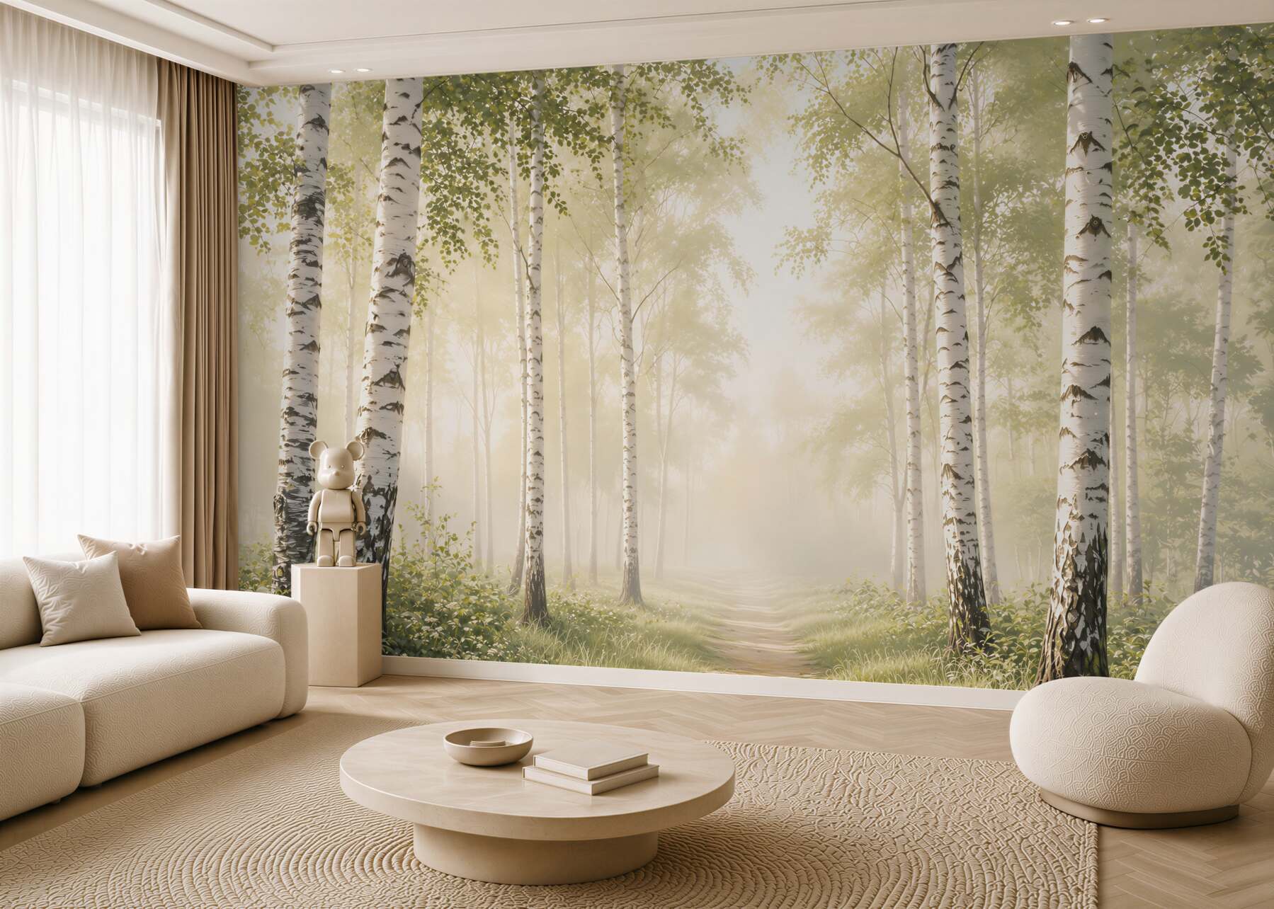 Fototapeta brzozowy las we mgle ze ścieżką spokojny naturalny krajobraz?v23