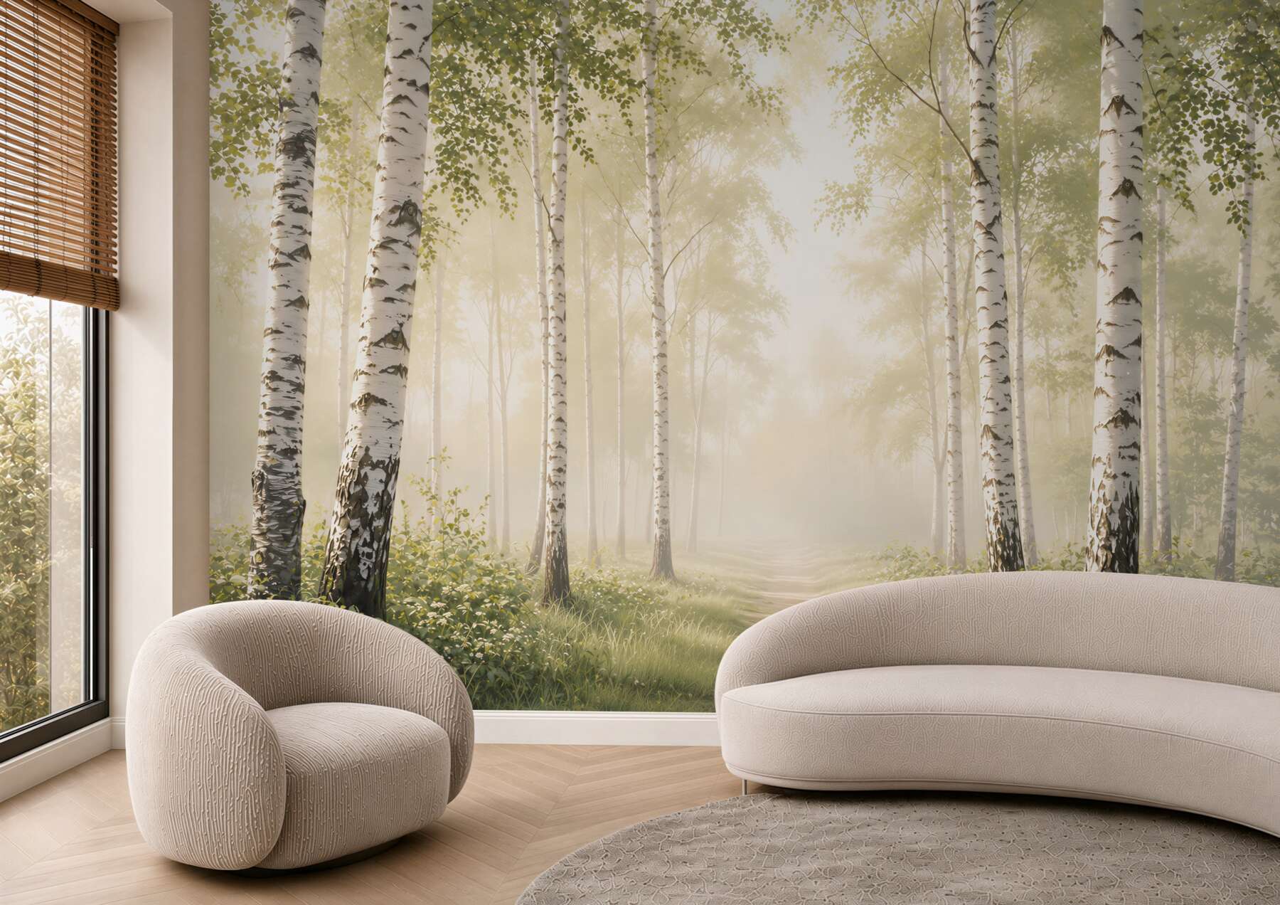 Fototapeta brzozowy las we mgle ze ścieżką spokojny naturalny krajobraz?v23