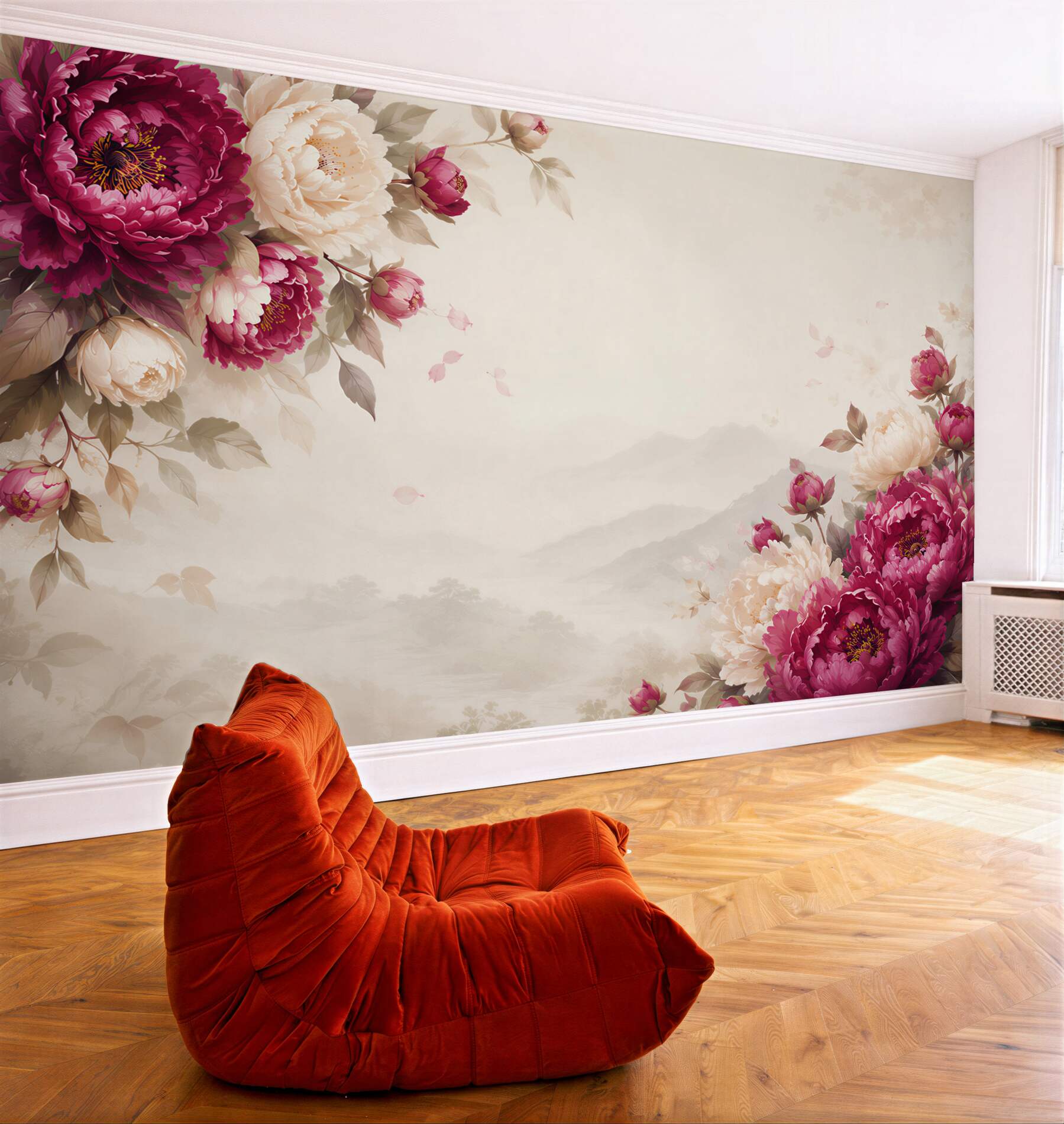 Fototapeta piwonie bordowe i kremowe z górskim pejzażem elegancka?v23