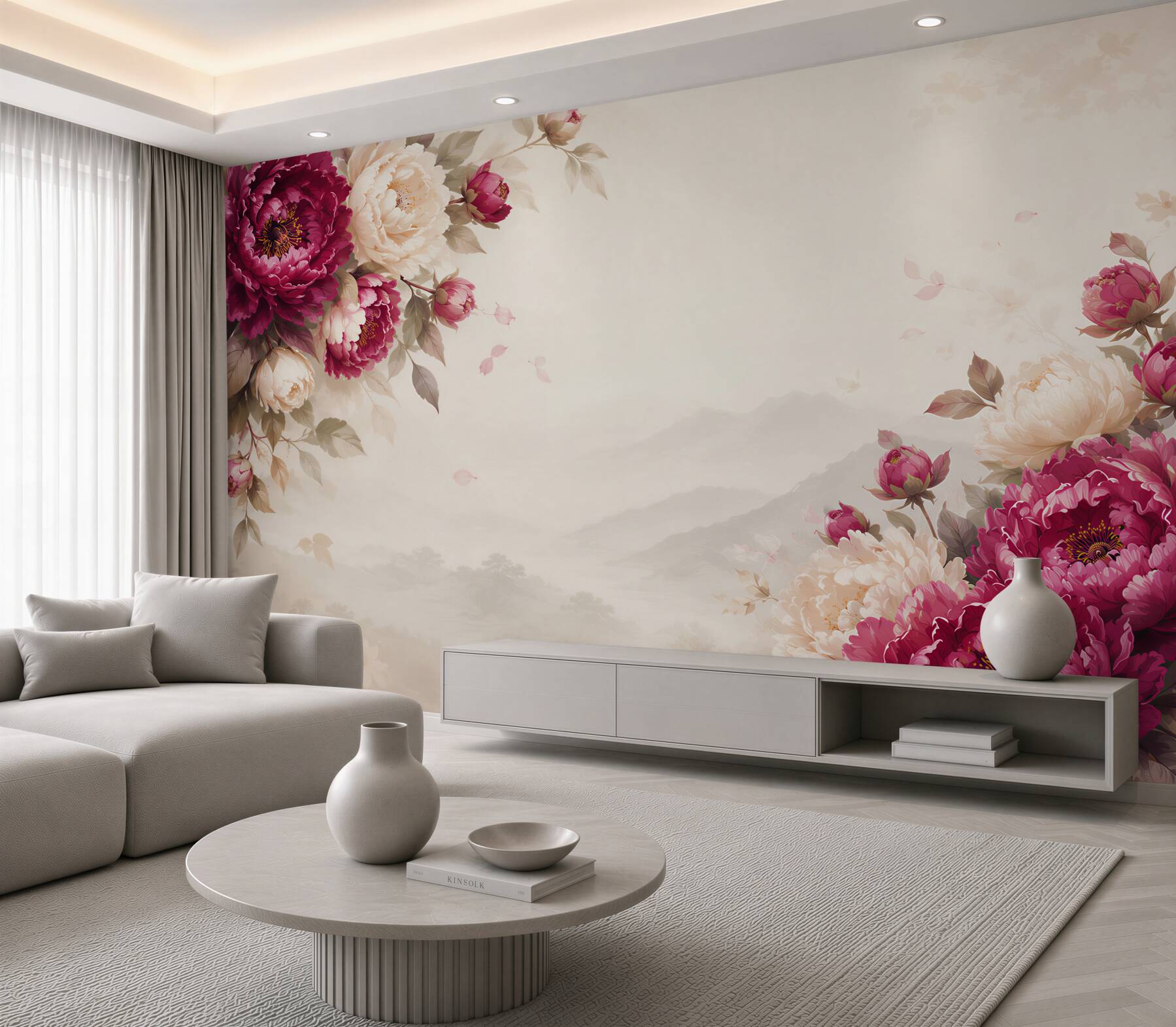 Fototapeta piwonie bordowe i kremowe z górskim pejzażem elegancka?v23