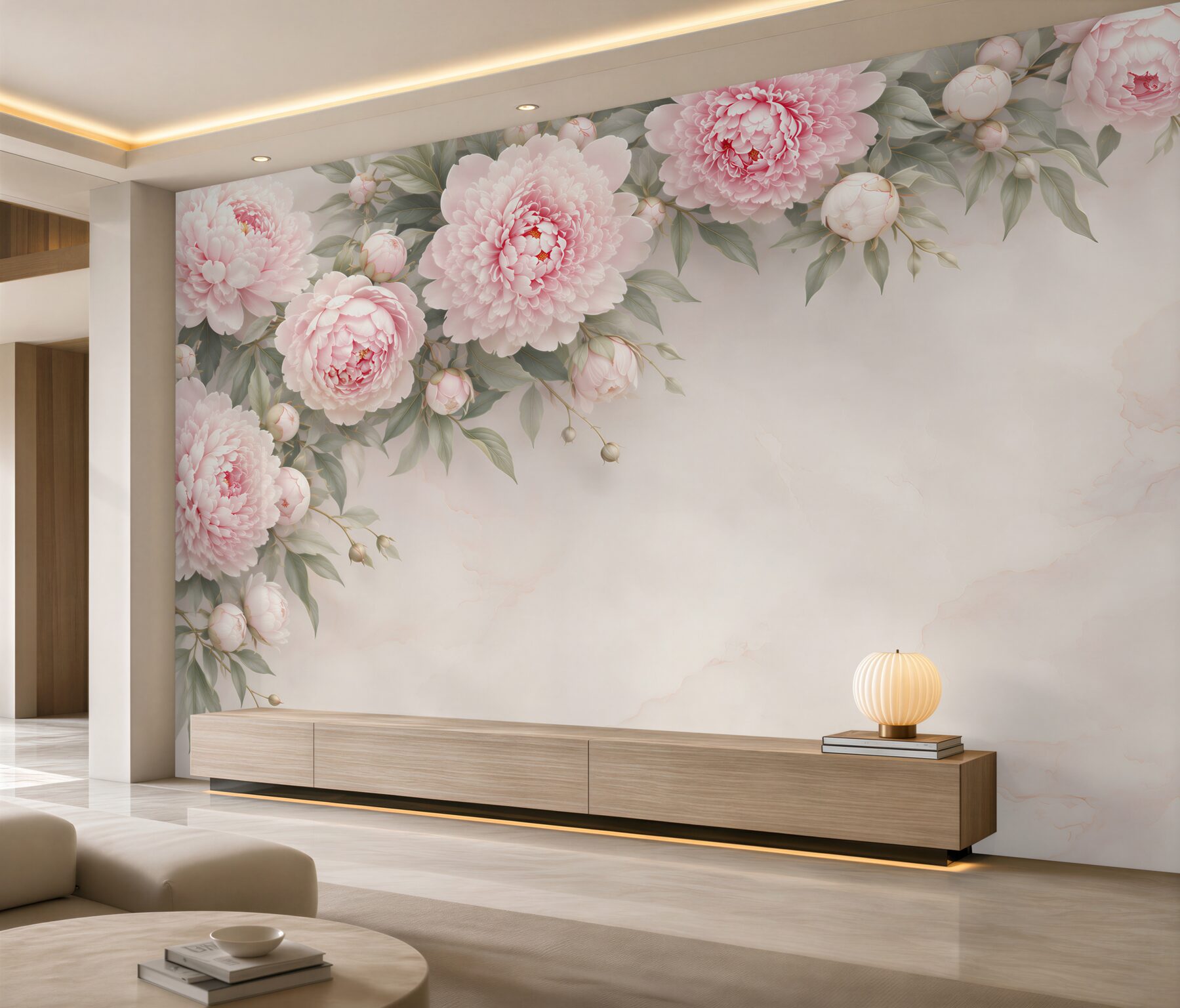 Fototapeta piwonie pudrowy róż na marmurkowym tle elegancka