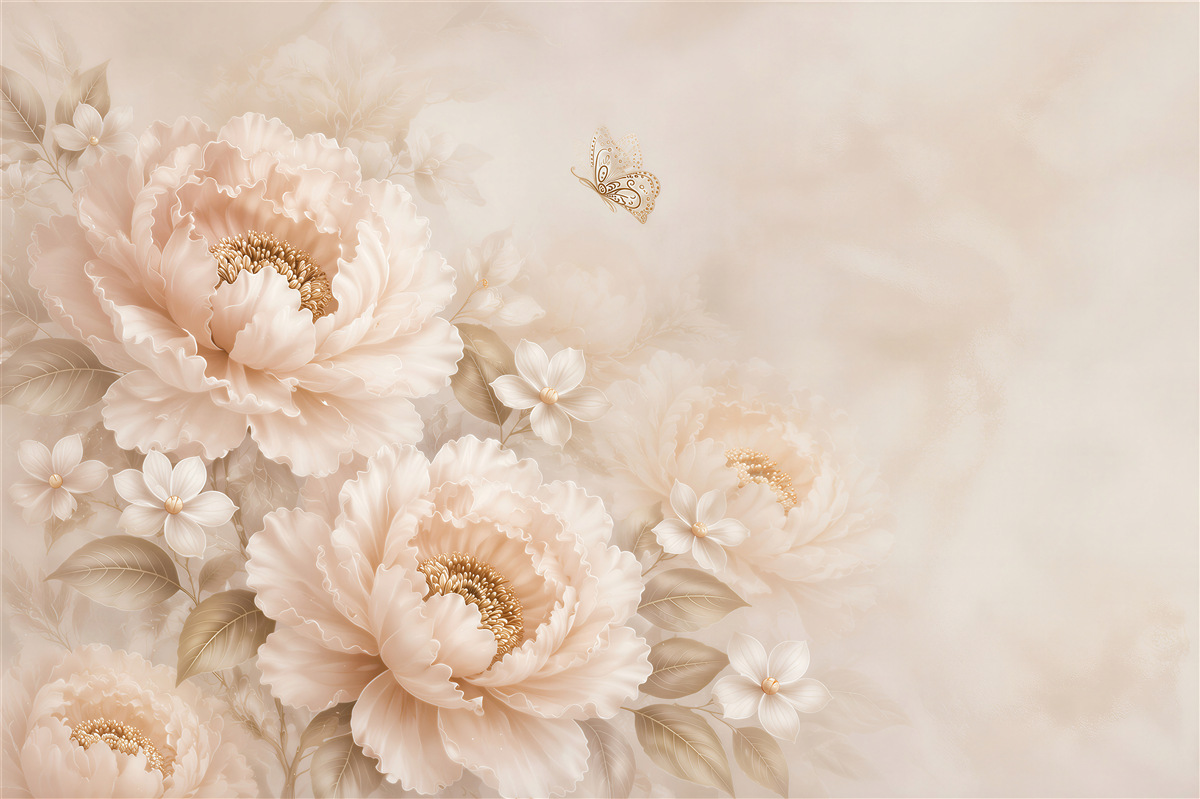 Fototapeta kwiaty peonie beżowe z motylem elegancka do sypialni