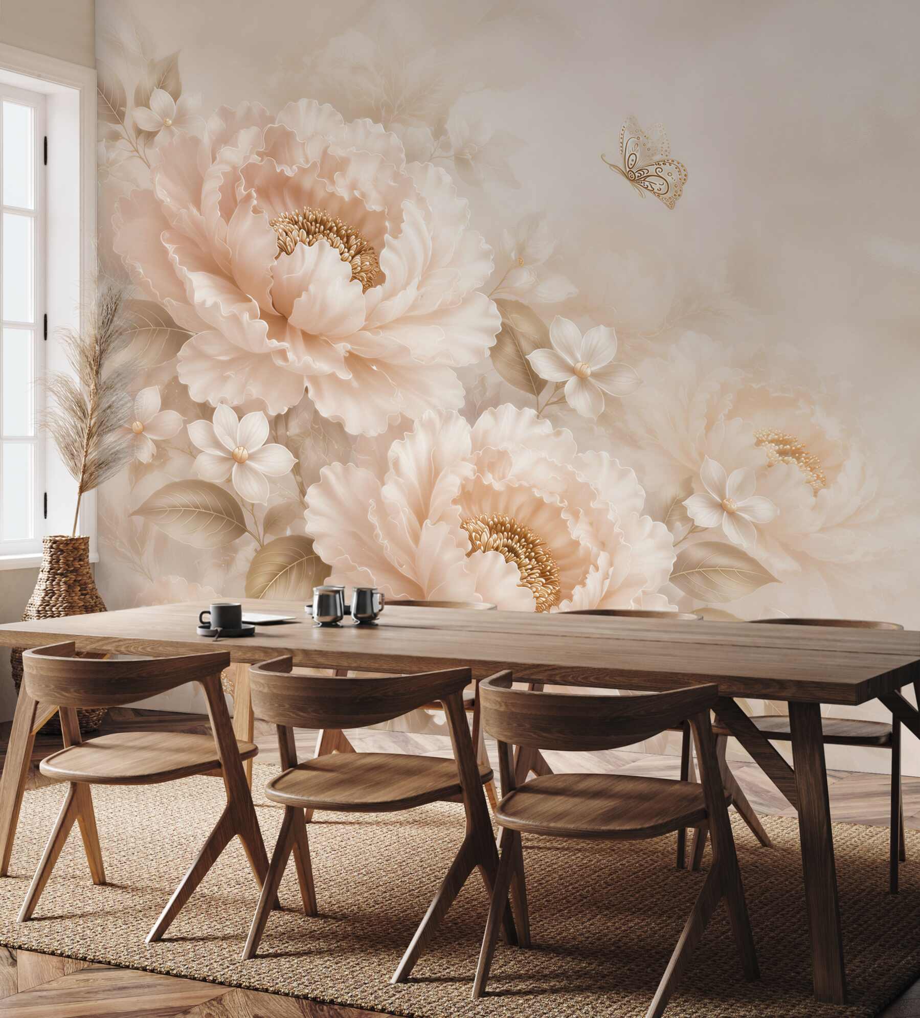 Fototapeta kwiaty peonie beżowe z motylem elegancka do sypialni?v23