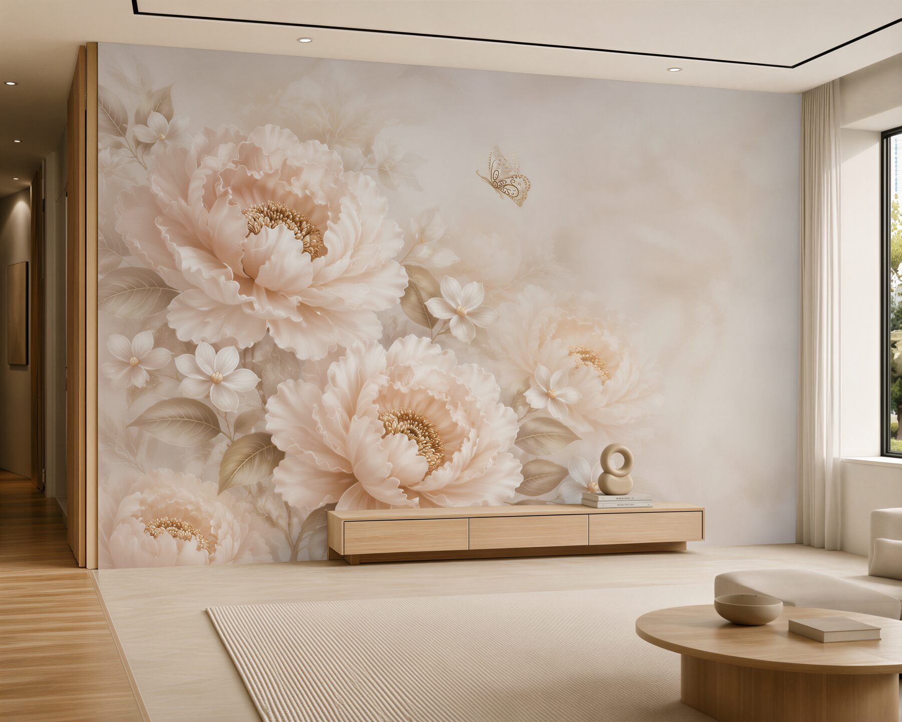 Fototapeta kwiaty peonie beżowe z motylem elegancka do sypialni?v23