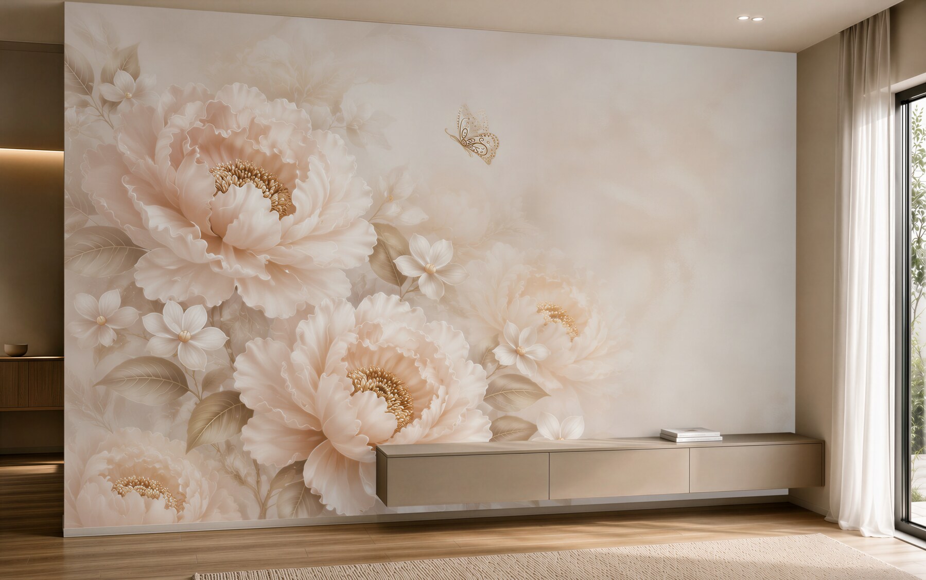 Fototapeta kwiaty peonie beżowe z motylem elegancka do sypialni?v23