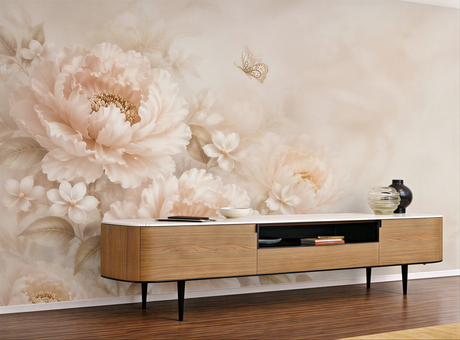Fototapeta kwiaty peonie beżowe z motylem elegancka do sypialni?v23