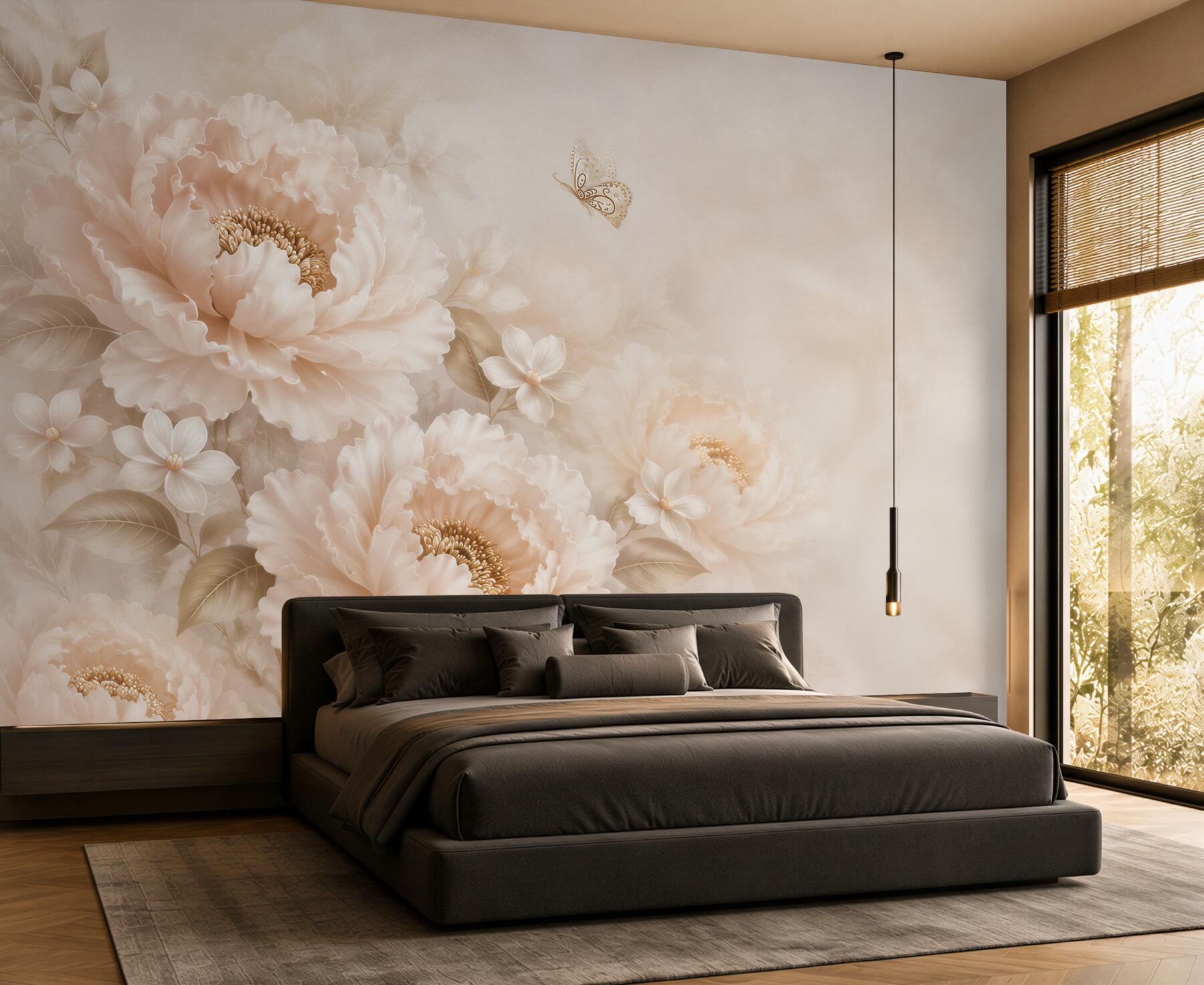 Fototapeta kwiaty peonie beżowe z motylem elegancka do sypialni?v23