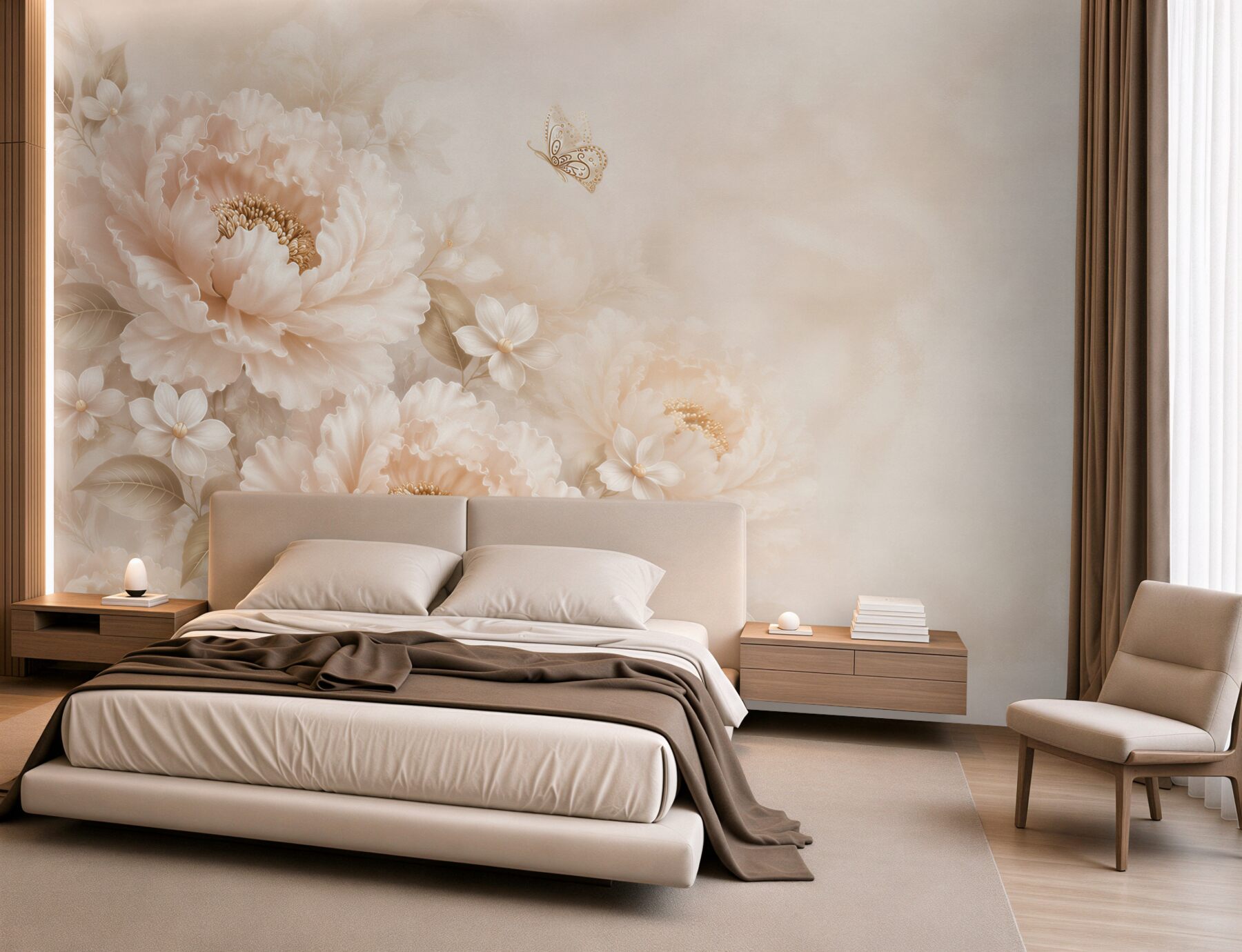 Fototapeta kwiaty peonie beżowe z motylem elegancka do sypialni?v23
