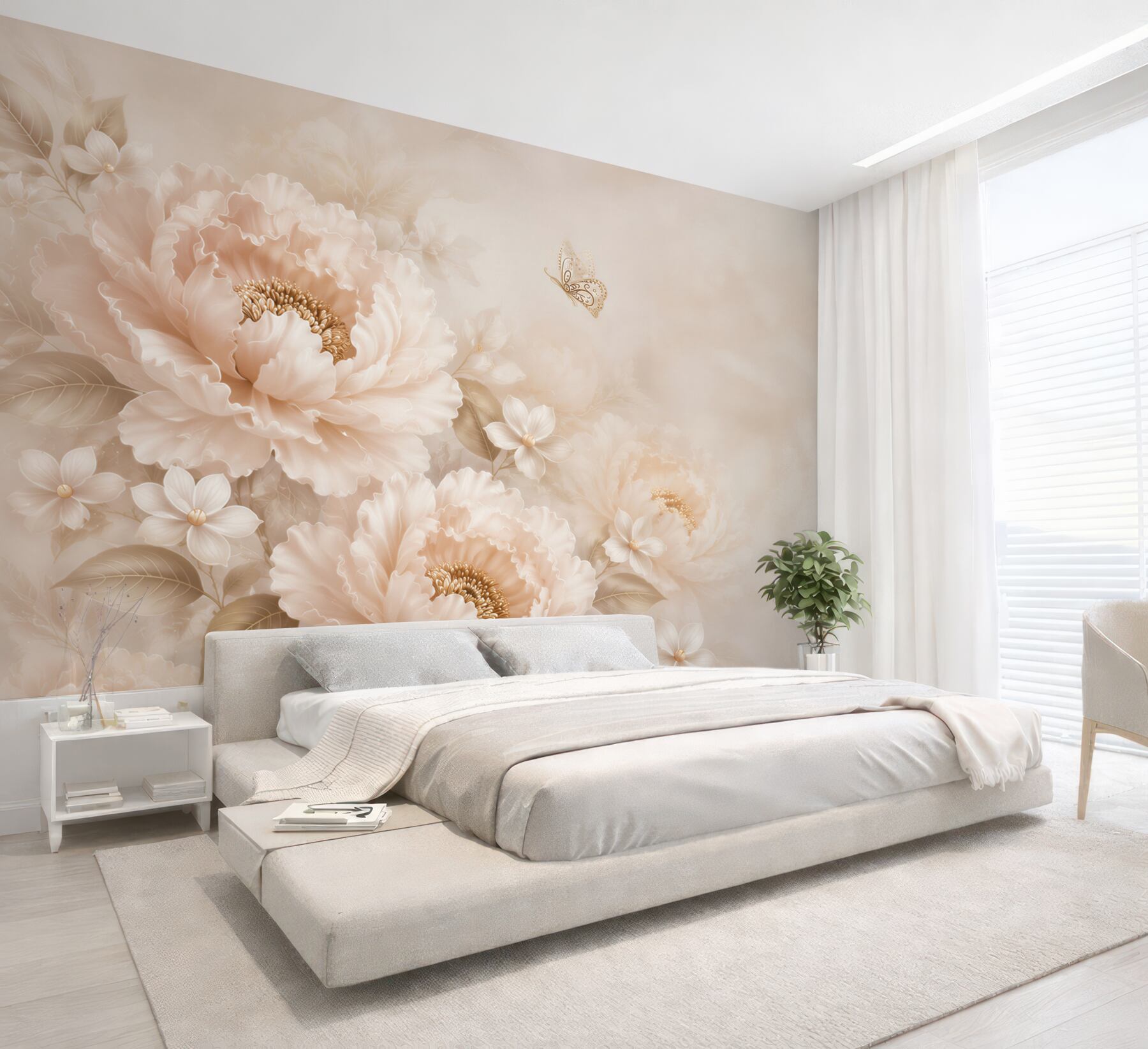 Fototapeta kwiaty peonie beżowe z motylem elegancka do sypialni?v23