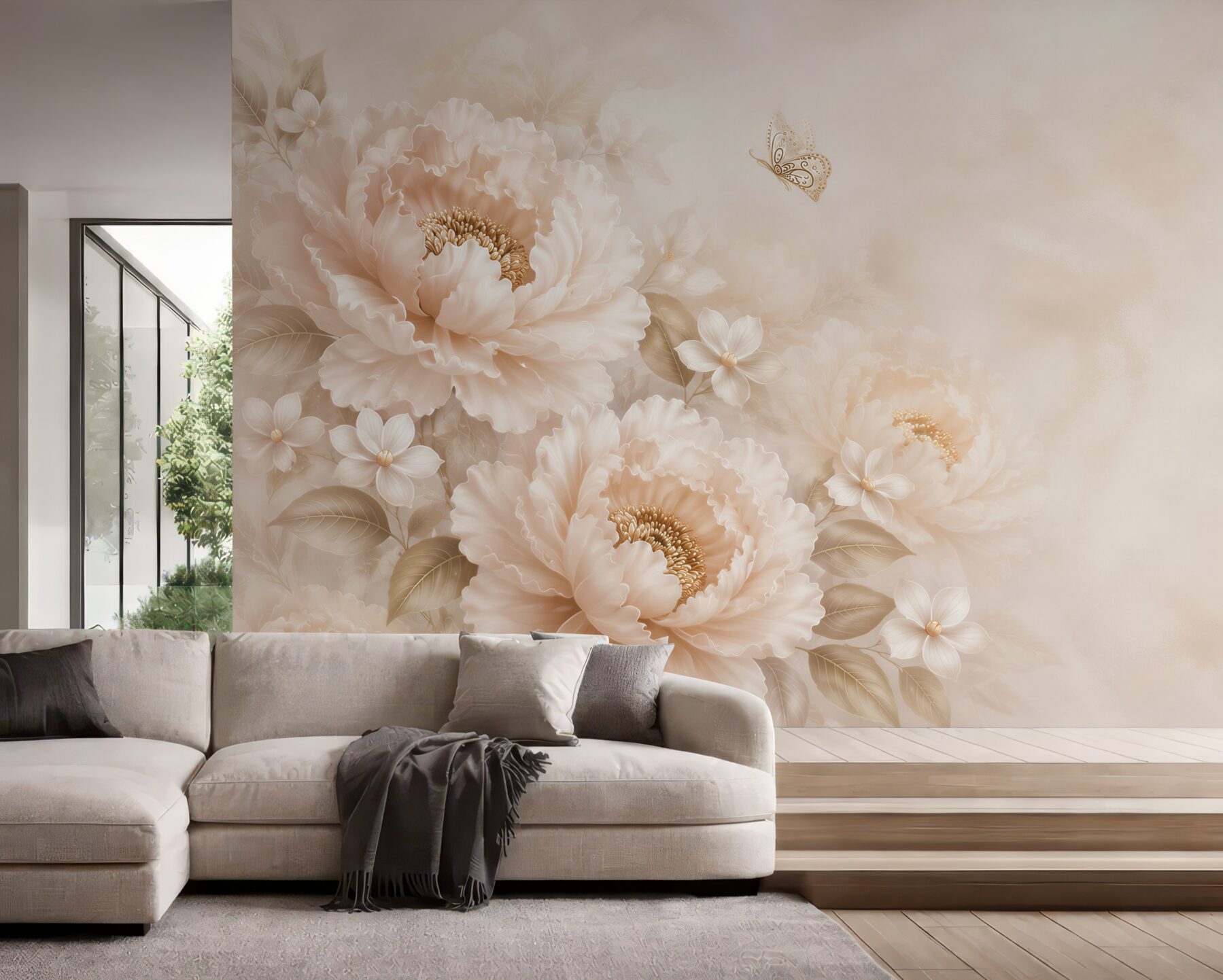 Fototapeta kwiaty peonie beżowe z motylem elegancka do sypialni?v23