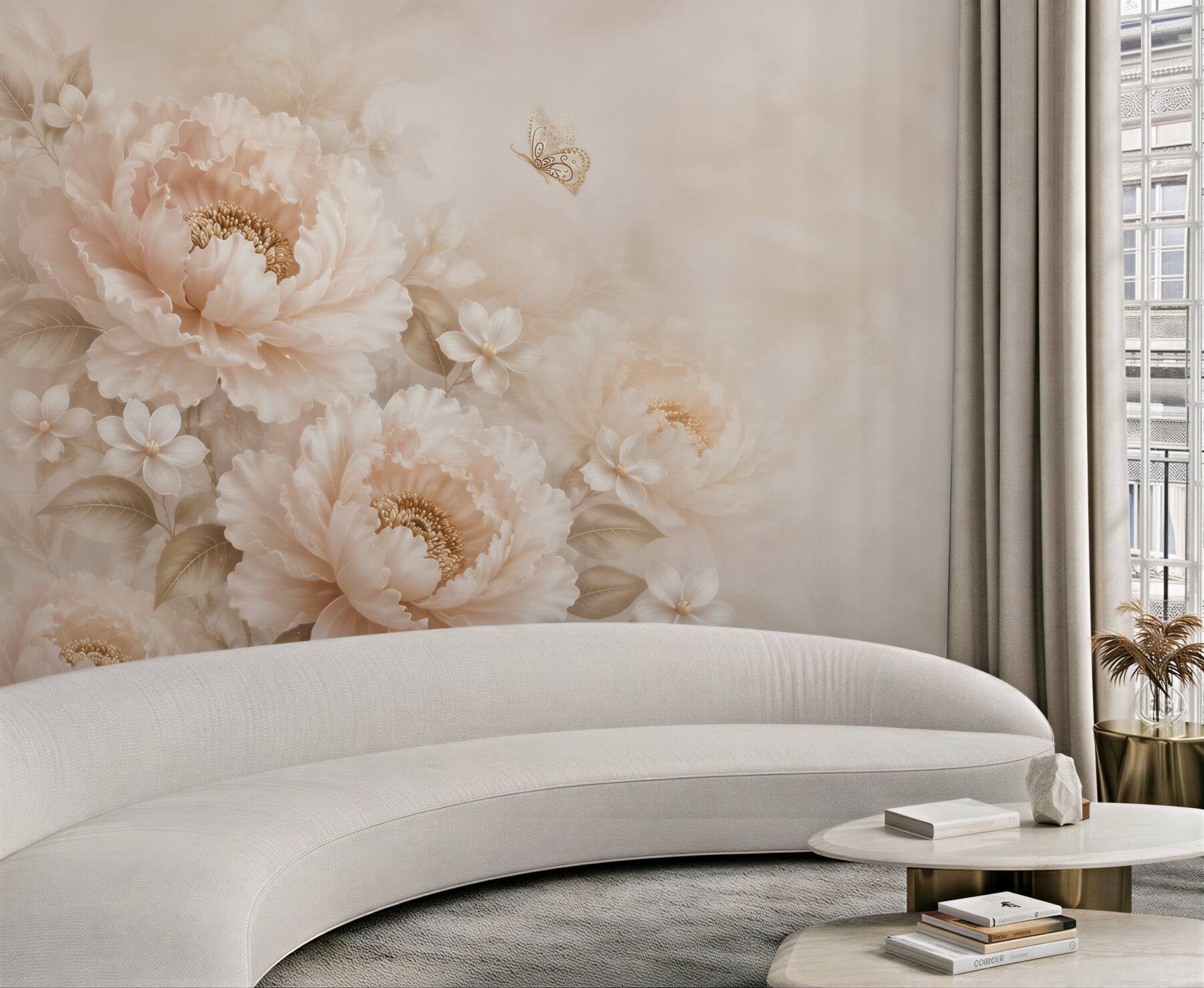 Fototapeta kwiaty peonie beżowe z motylem elegancka do sypialni?v23
