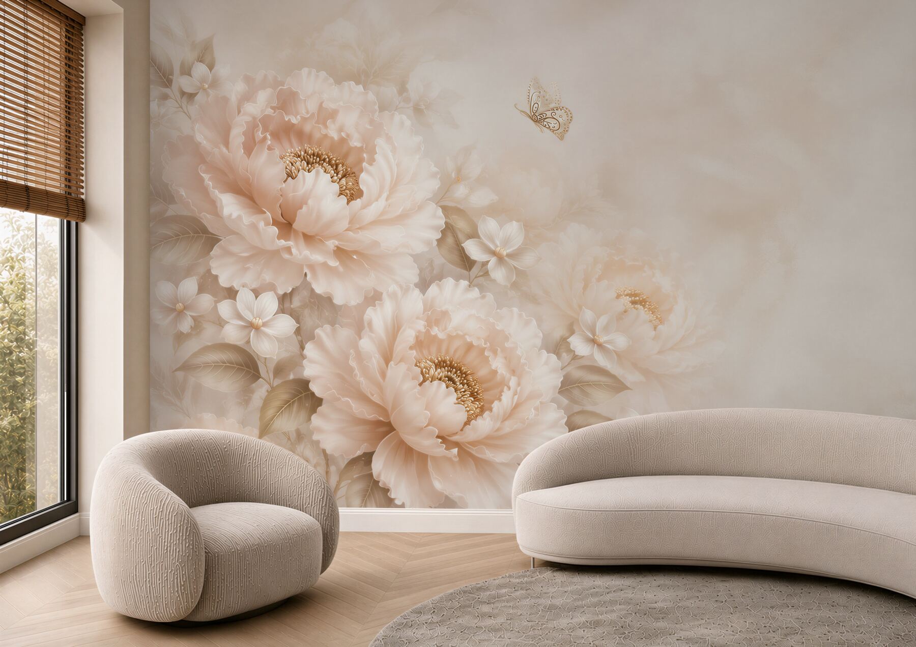 Fototapeta kwiaty peonie beżowe z motylem elegancka do sypialni?v23