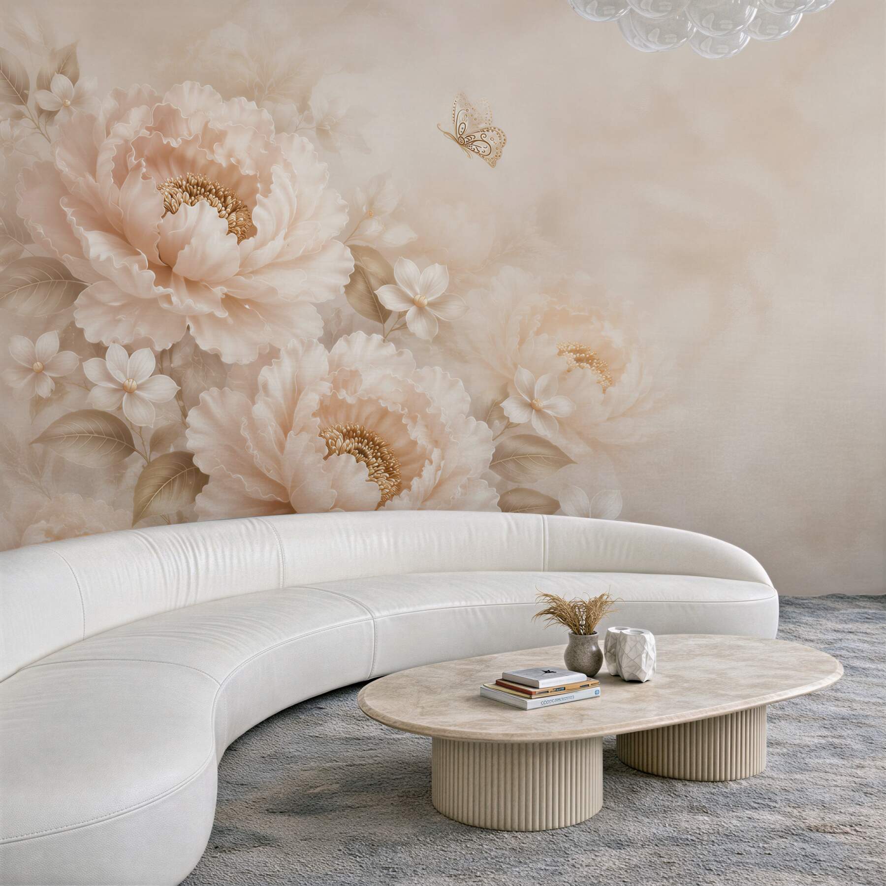 Fototapeta kwiaty peonie beżowe z motylem elegancka do sypialni?v23