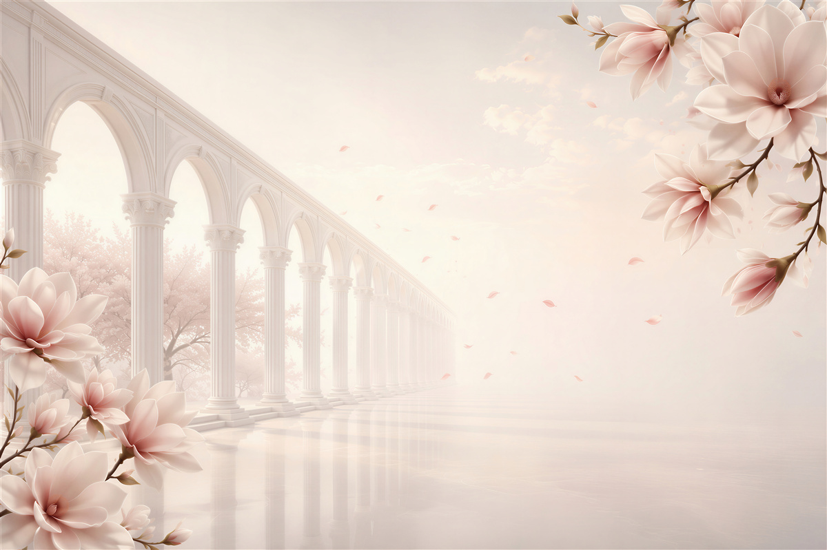 Fototapeta magnolie przy klasycznych arkadach pastelowa elegancja do salonu