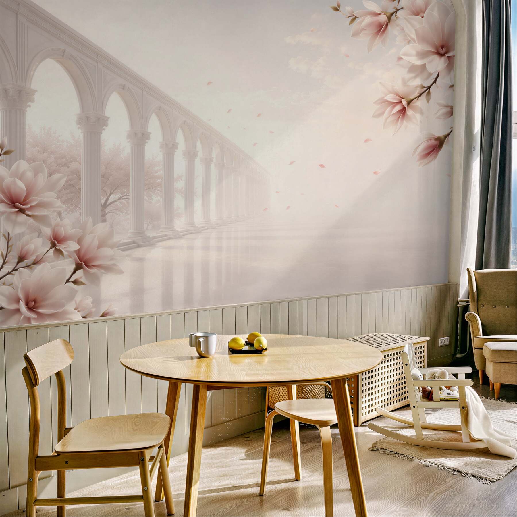 Fototapeta magnolie przy klasycznych arkadach pastelowa elegancja do salonu?v23