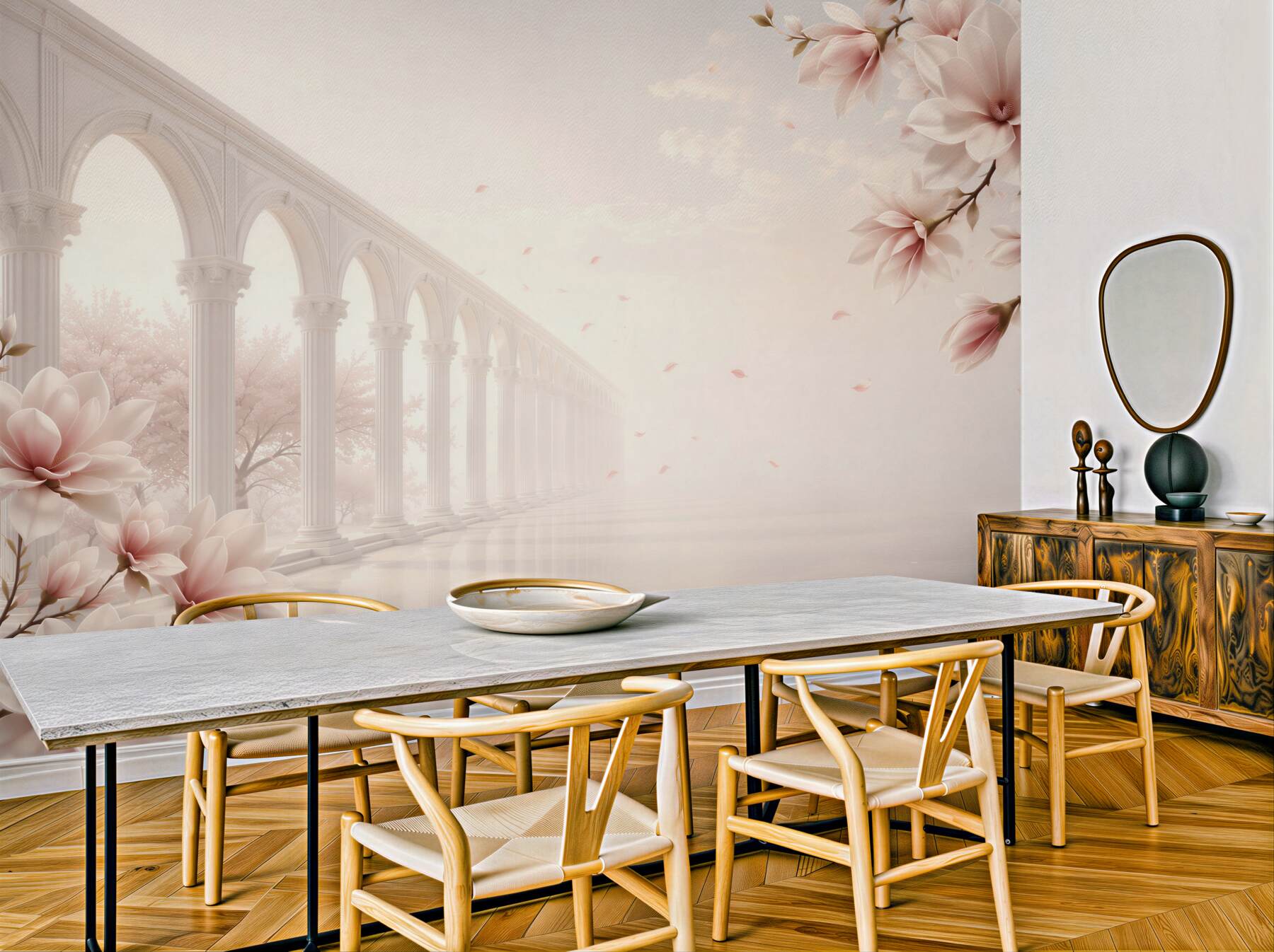 Fototapeta magnolie przy klasycznych arkadach pastelowa elegancja do salonu?v23