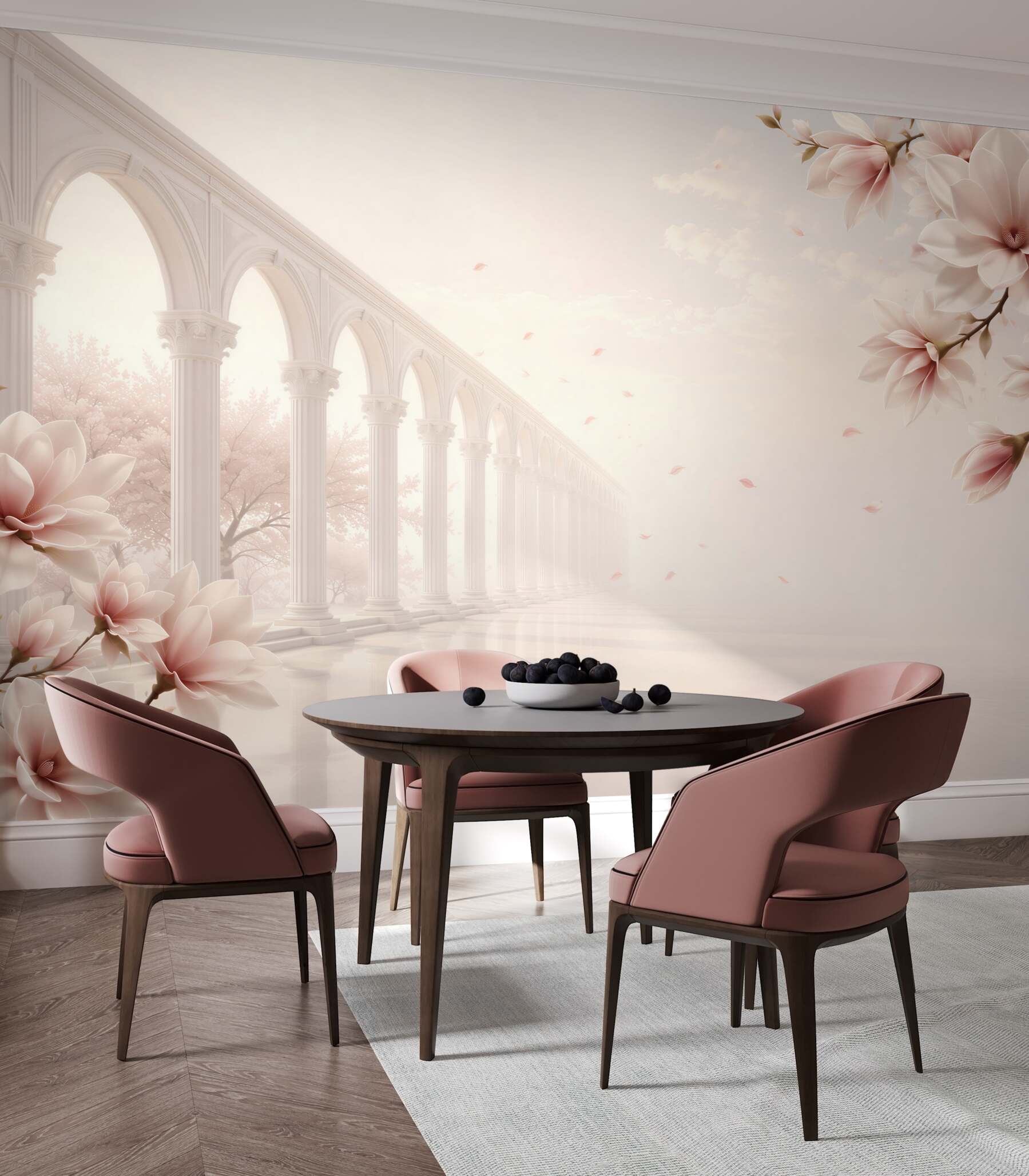 Fototapeta magnolie przy klasycznych arkadach pastelowa elegancja do salonu